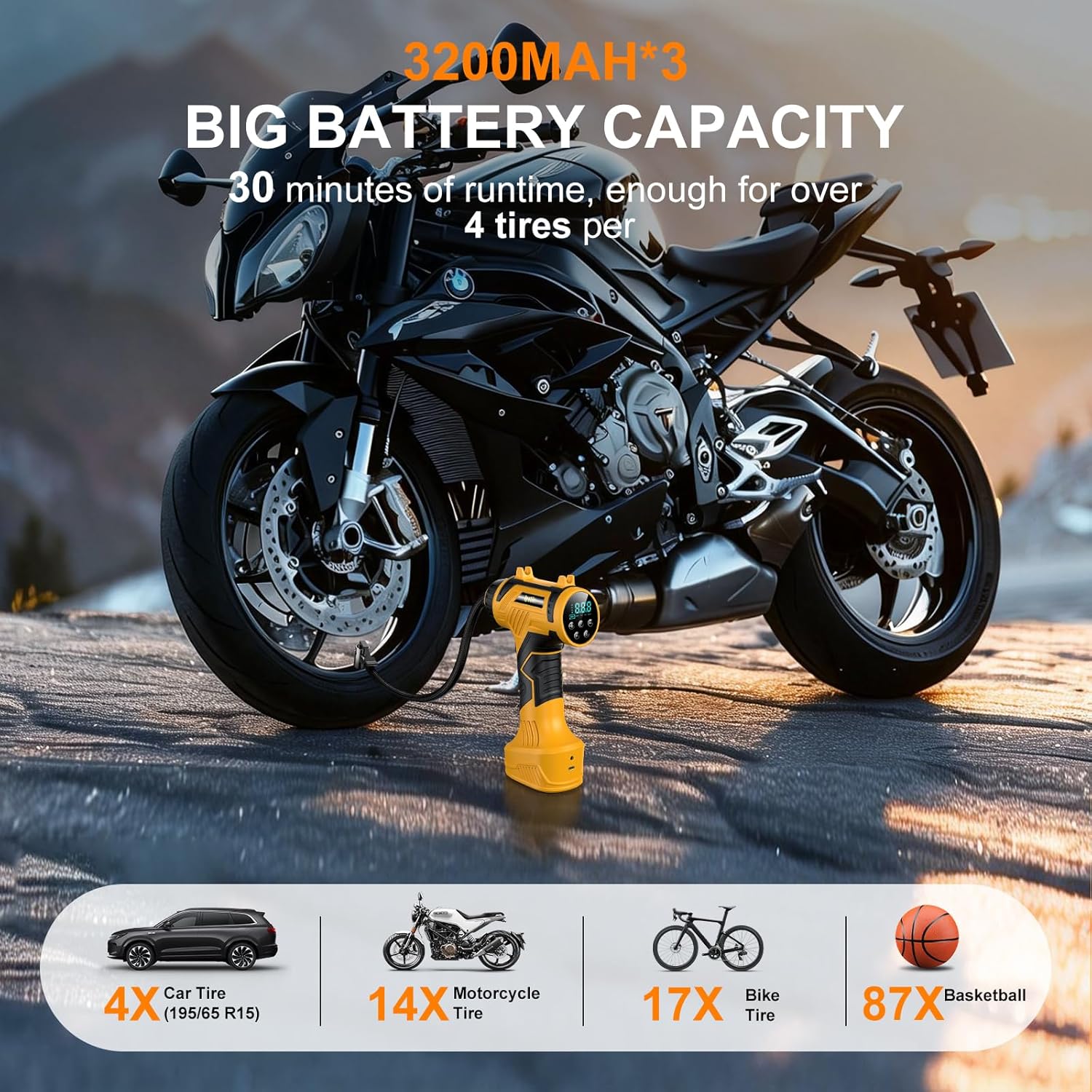 Thumbnail 3 de 9600mAh Tire Inflator Portable Air Compressor — Corded/Cordless, 160 PSI