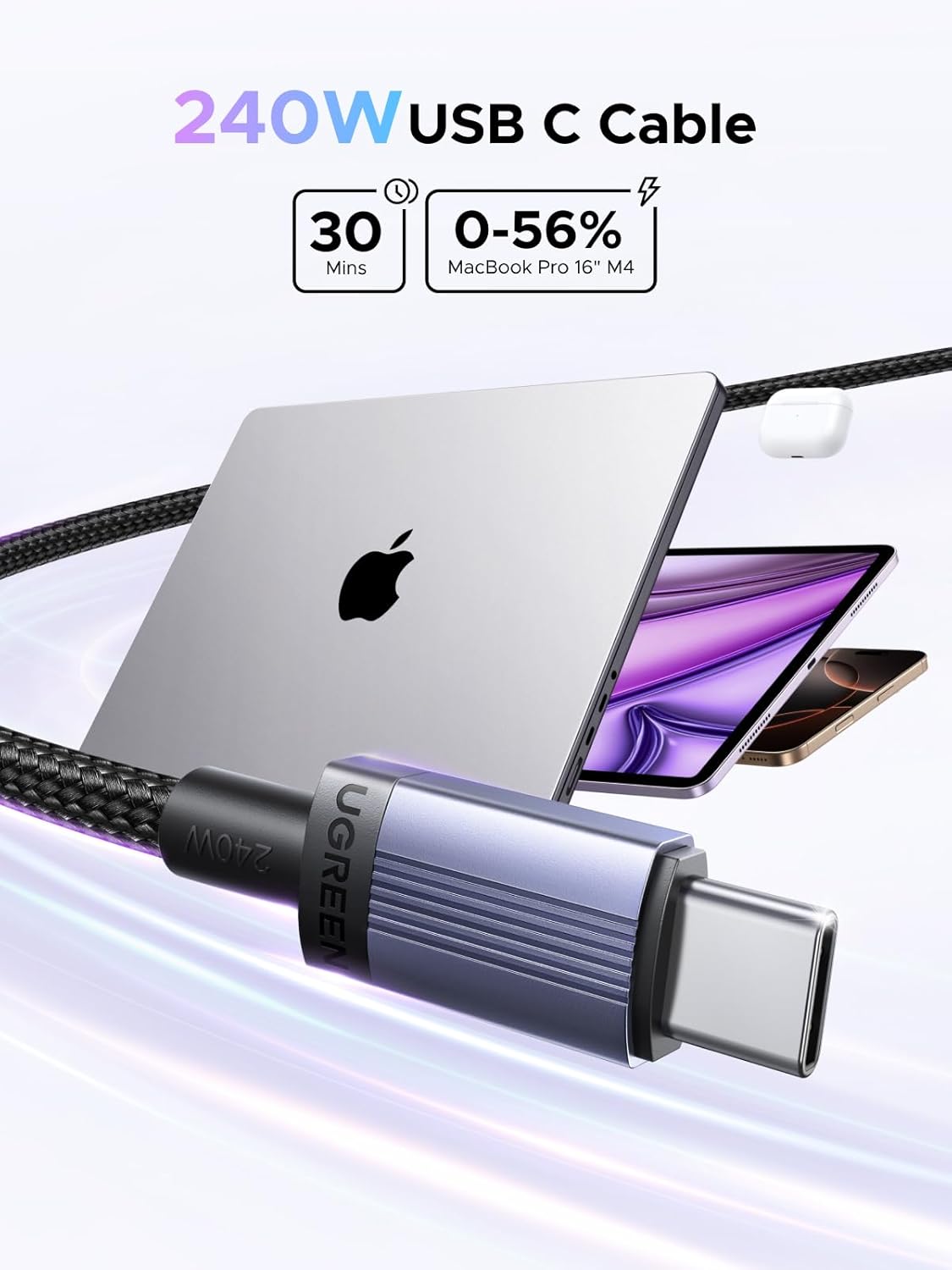 Thumbnail 1 de UGREEN 2-Pack 240W USB-C to USB-C Fast Charging Cables (240W PD 3.1) — 6.6 ft, 480Mbps data