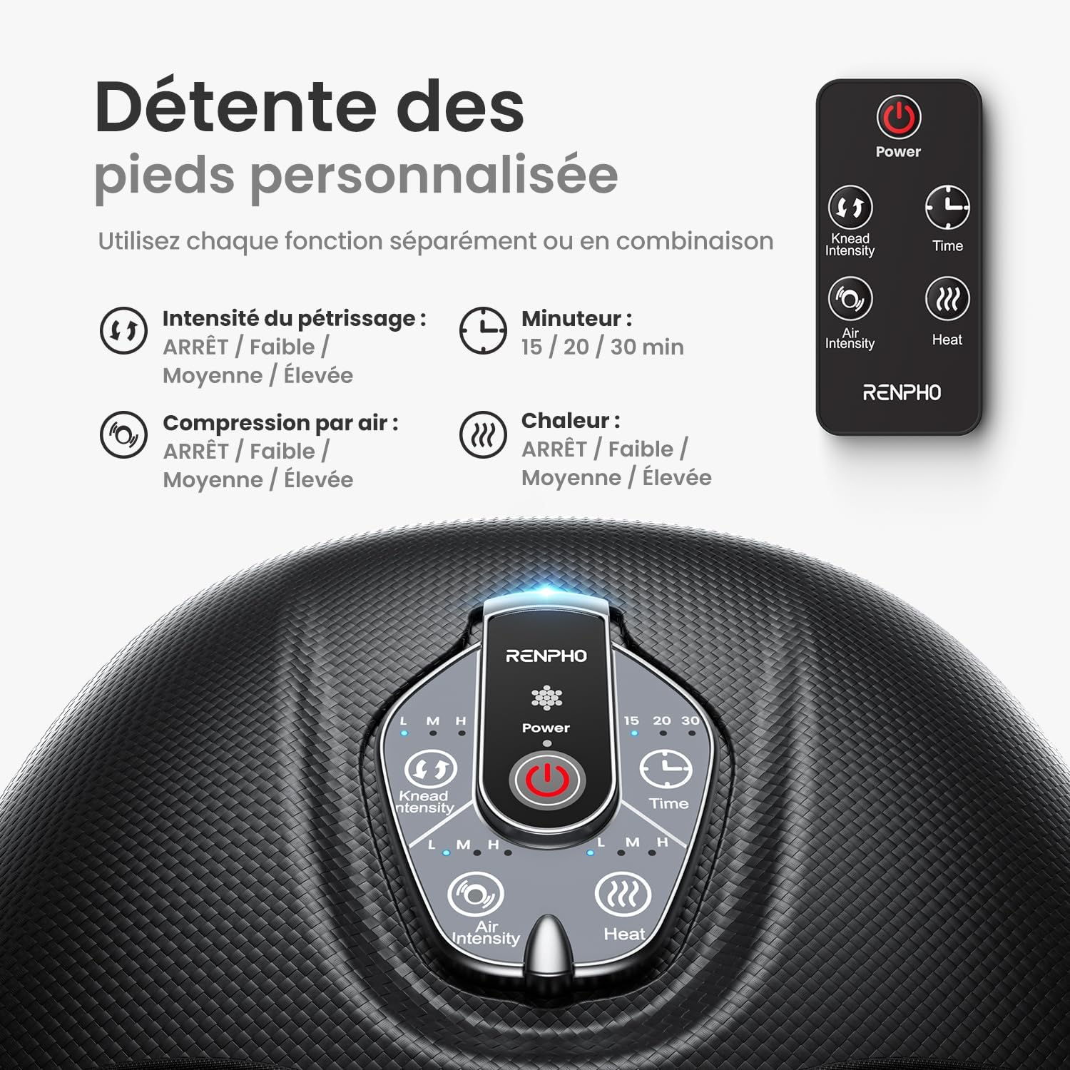 Detalle de RENPHO Masseur de pieds portable avec chaleur et massage Shiatsu – 3 intensités, 55 °C