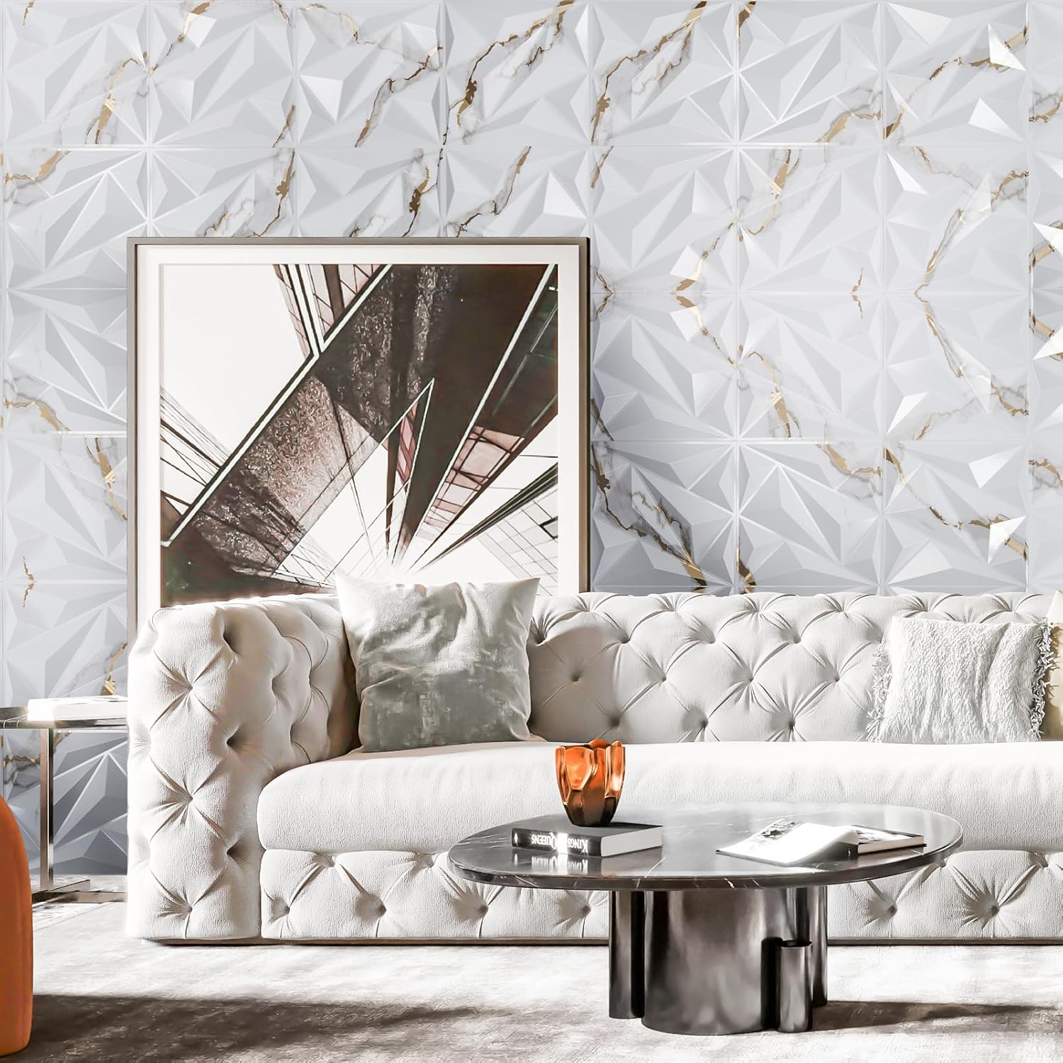 Detalle 1 de Art3dwallpanels 3D Diamond Wall Panels, 33-Pack, Gold Veined White, 12" x 12