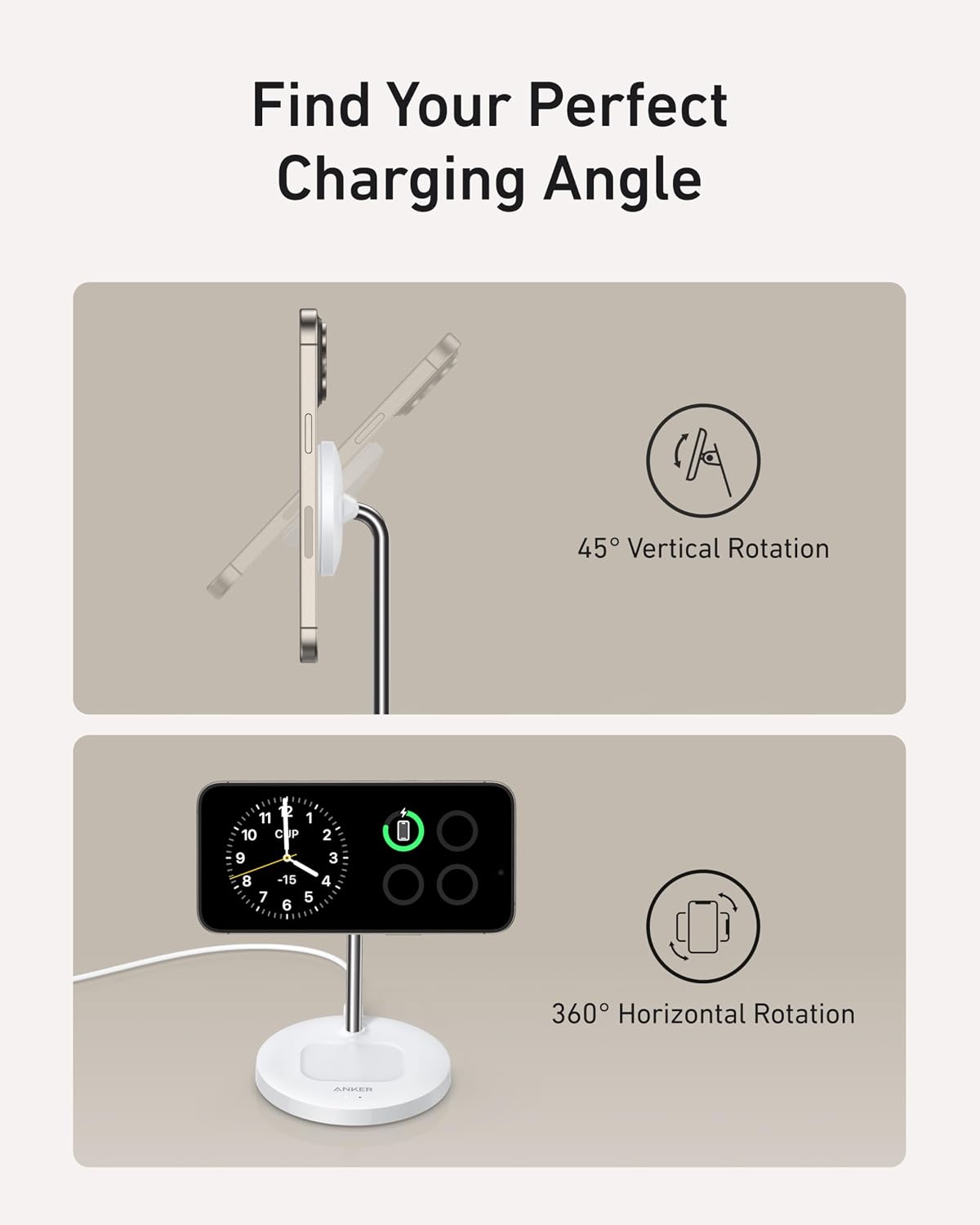 Detalle 2 de Anker MagGo 15W MagSafe Ladegerät 2-in-1 – Induktive Ladestation mit 45°/360° Verstellung