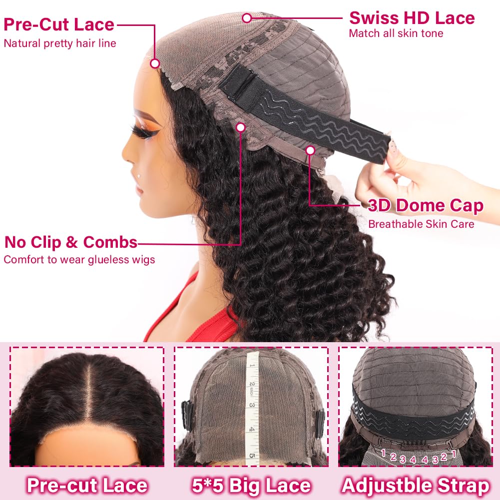 Detalle 2 de Ailwelia Curly Bob Wig (Human Hair Deep Wave) 5x5 HD Lace Glueless, 200% Density, 14 Inch
