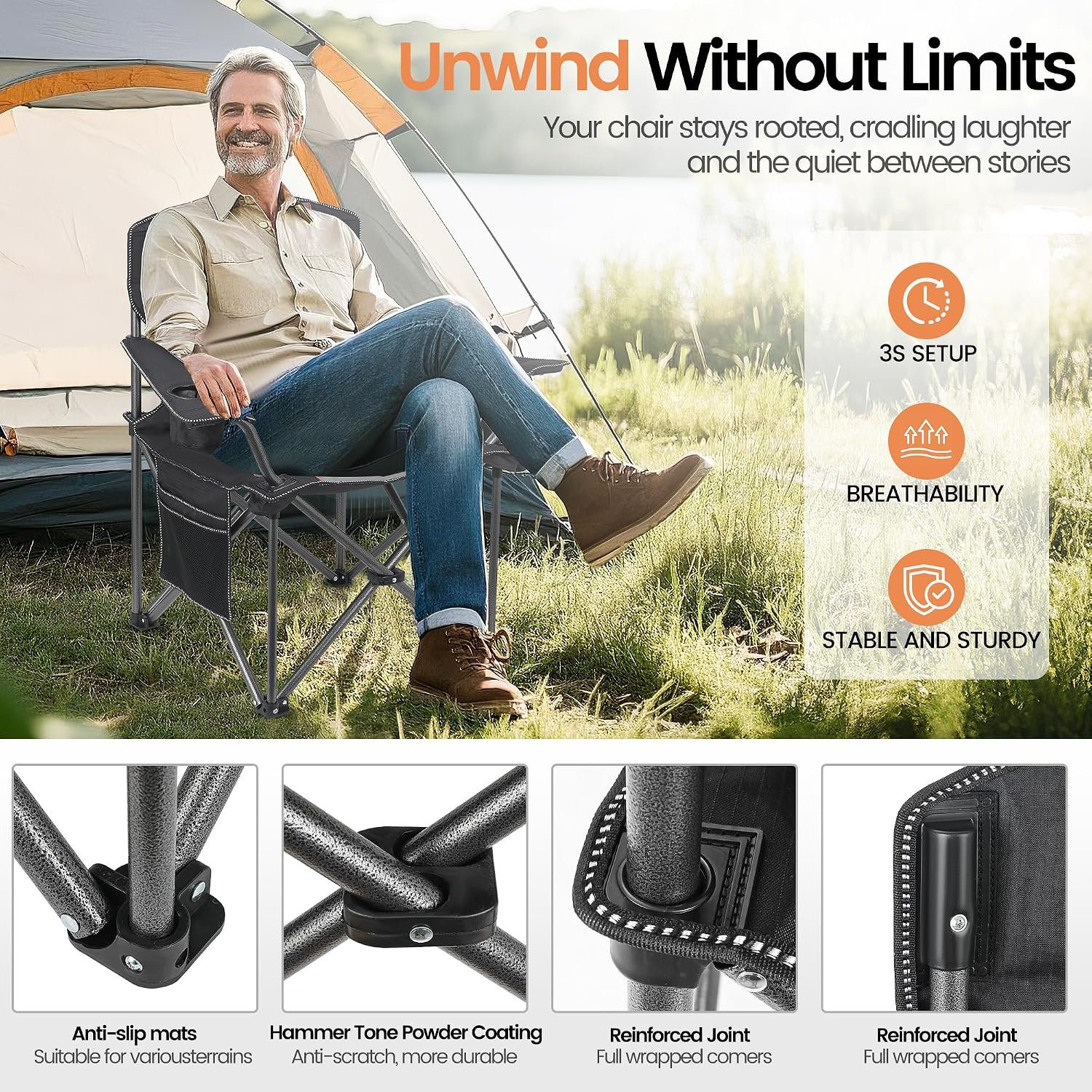 Thumbnail 4 de WEIDIORME Oversized Folding Camping Chairs, 2-Pack, 400 lb Capacity, Black