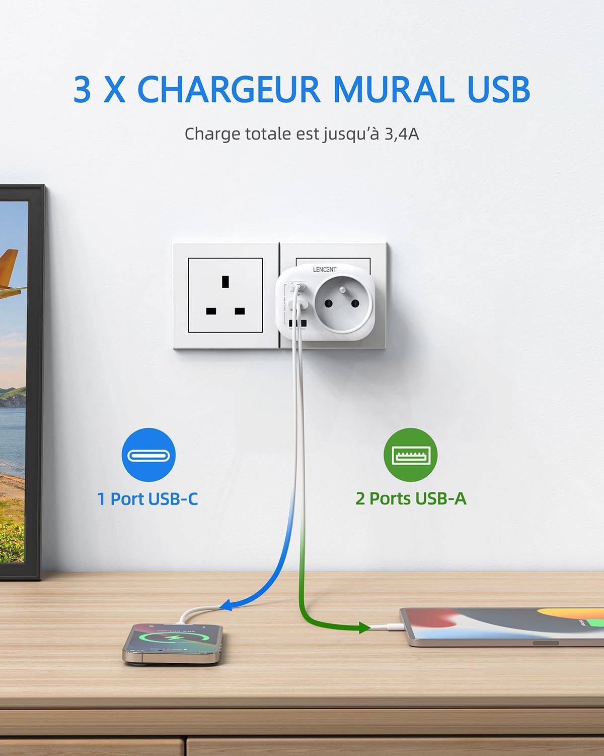 Thumbnail 3 de LENCENT Type G Adaptateur de Voyage 4 en 1 – Prise Française vers UK (Angleterre, Irlande, Écosse) avec 1 AC, 1 USB-C et 2 USB-A