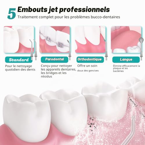 Detalle 2 de FlossJet, hydropulseur dentaire sans fil à 4 modes, réservoir 300 ml et IPX7