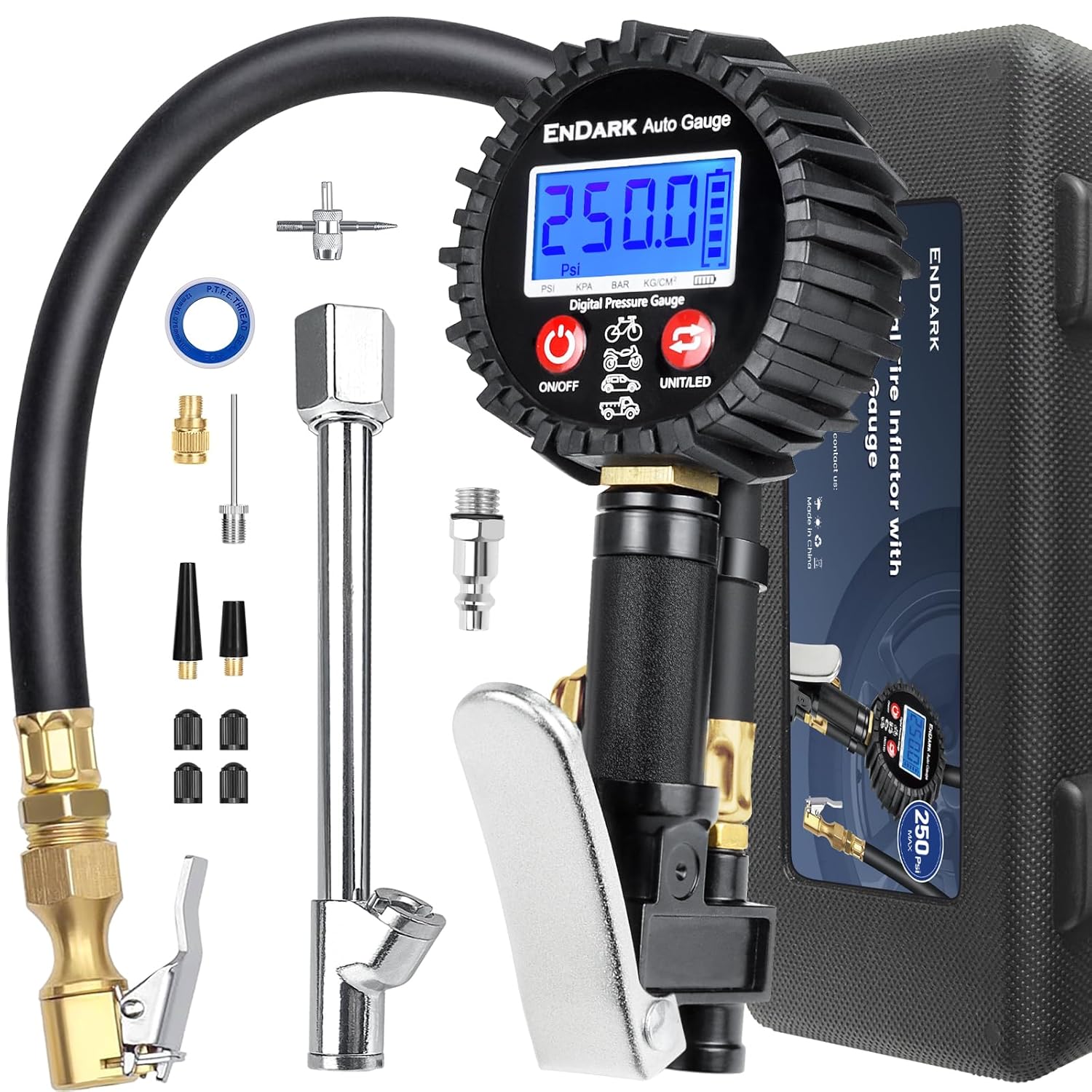 Detalle de ENDARK Digital Tire Pressure Gauge with Inflator (250 PSI) — air compressor attachment with 360° chuck, extended hose & carry case