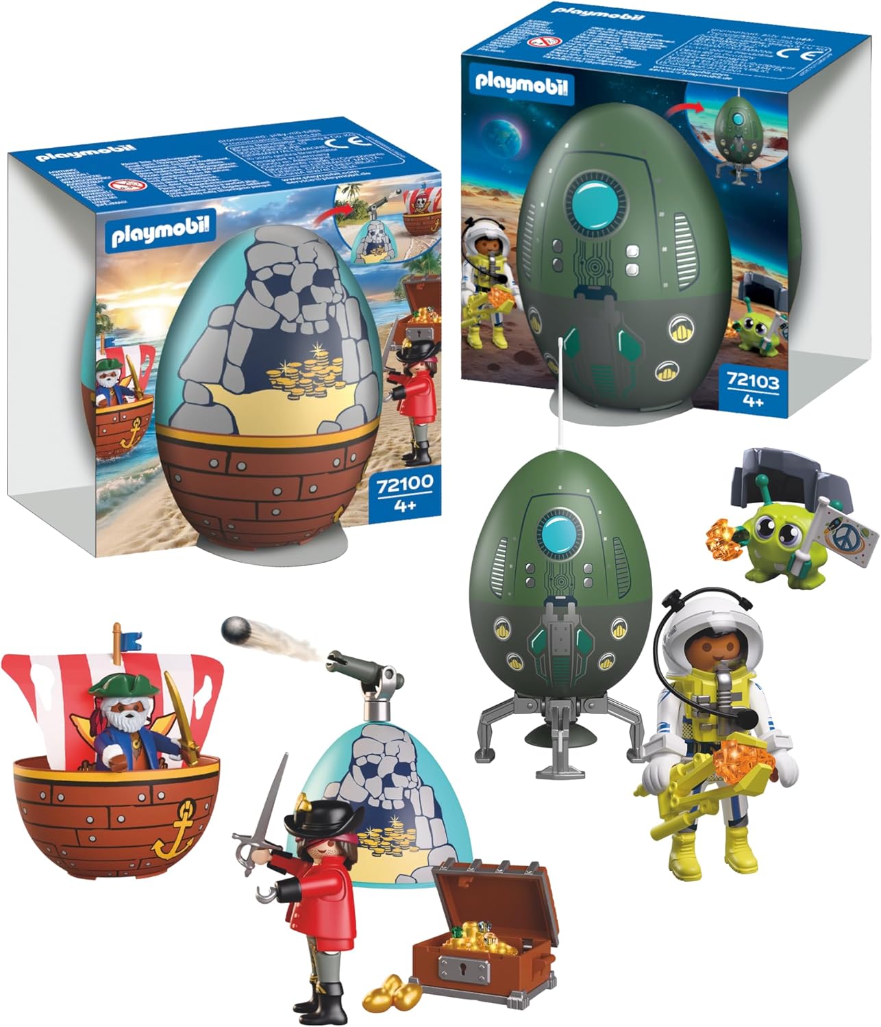 Detalle de PLAYMOBIL 210447 Pirates & Space Game Egg Set with Two Scenes and Money Boxes