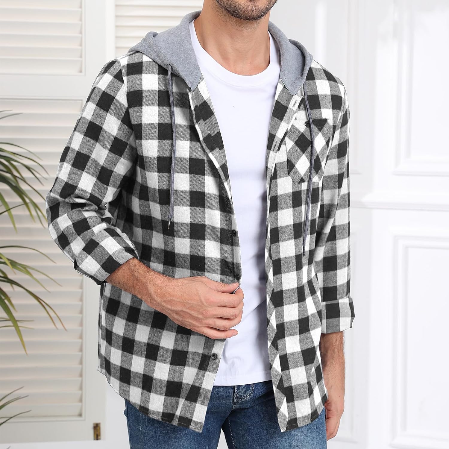 Detalle de CTU Men's Lightweight Checked Shirt Jacket with Hood and Pocket
