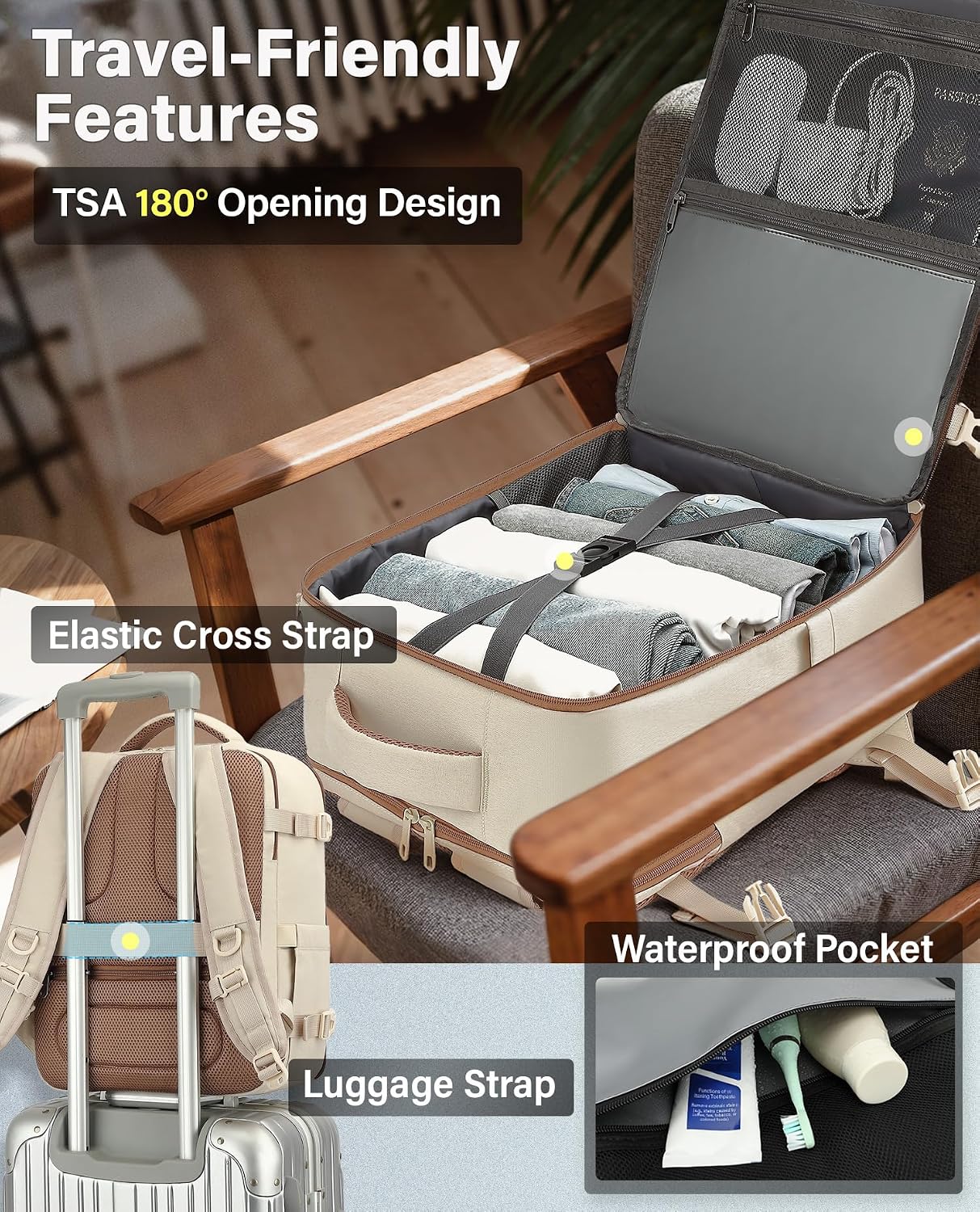 Thumbnail 4 de VANKEV Cabin Bag 40x30x20cm 24L Underseat Luggage for Ryanair/EasyJet/Eurowings/Wizz Air (Beige) – fits 15.6" laptop