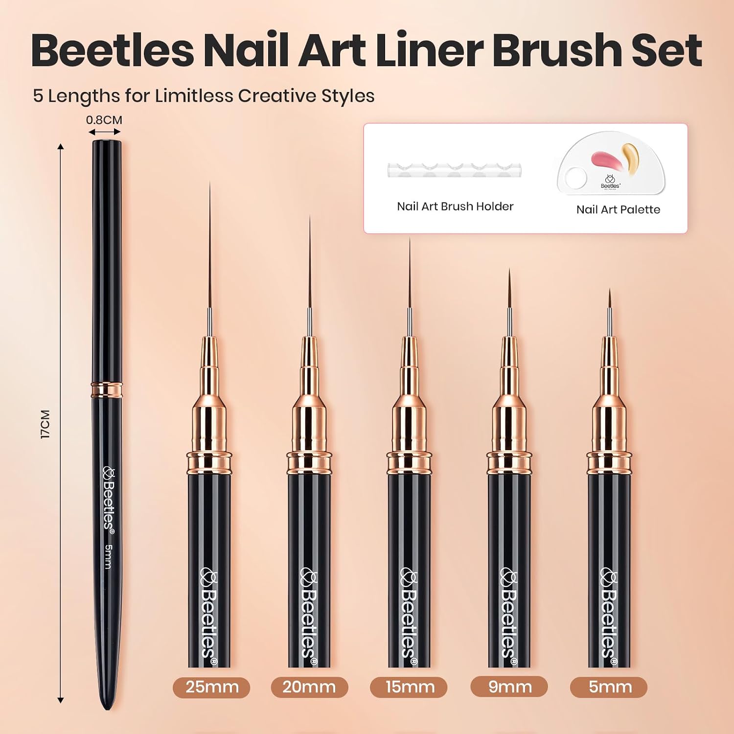 Detalle 2 de Beetles Liner Brushes for Nails (5pcs) — Metallic Nail Art Liner Pens, 5 Lengths for Fine Lines