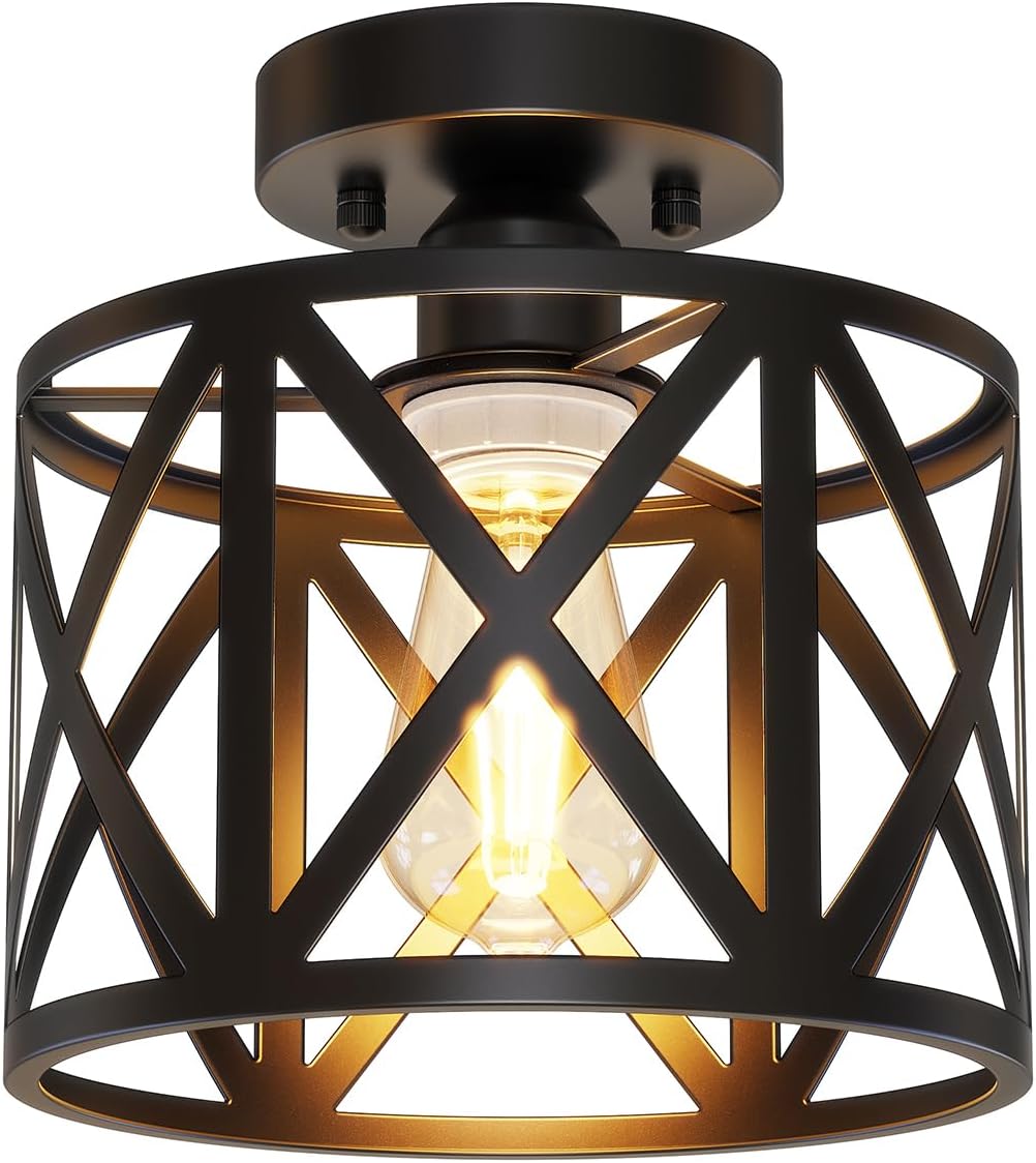 Detalle de BLNAN 00 316 Semi-Flush Ceiling Light, 8-Inch Matte Black Metal Cage, E26