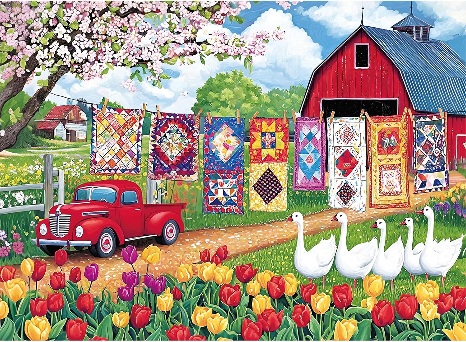 Detalle de 300 Piece Jigsaw Puzzle for Adults – Spring Farmyard Delight with Quilts & Tulips (20.5" × 15")