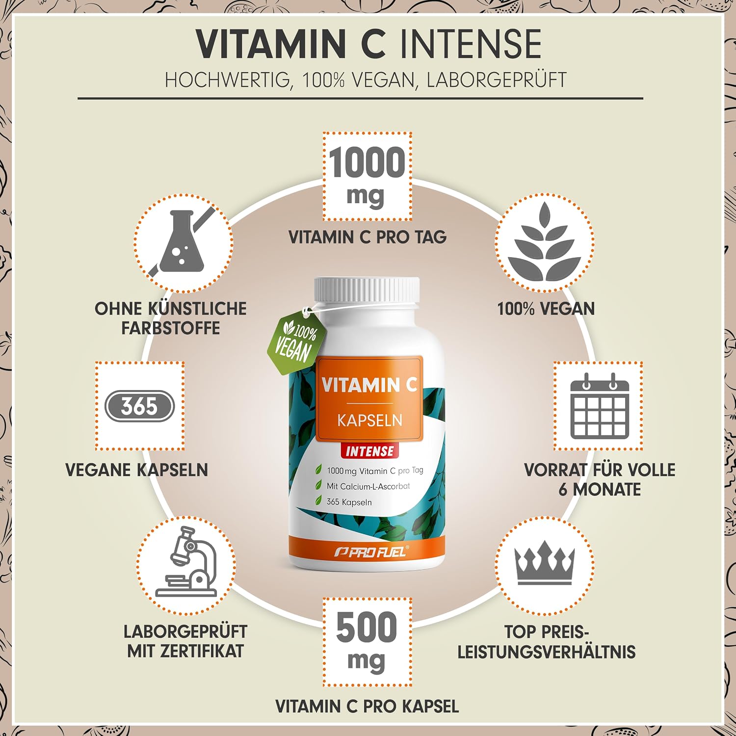 Detalle de Vitamin C Kapseln 365x – 1000 mg gepuffertes Calcium-L-Ascorbat, vegan & laborgeprüft
