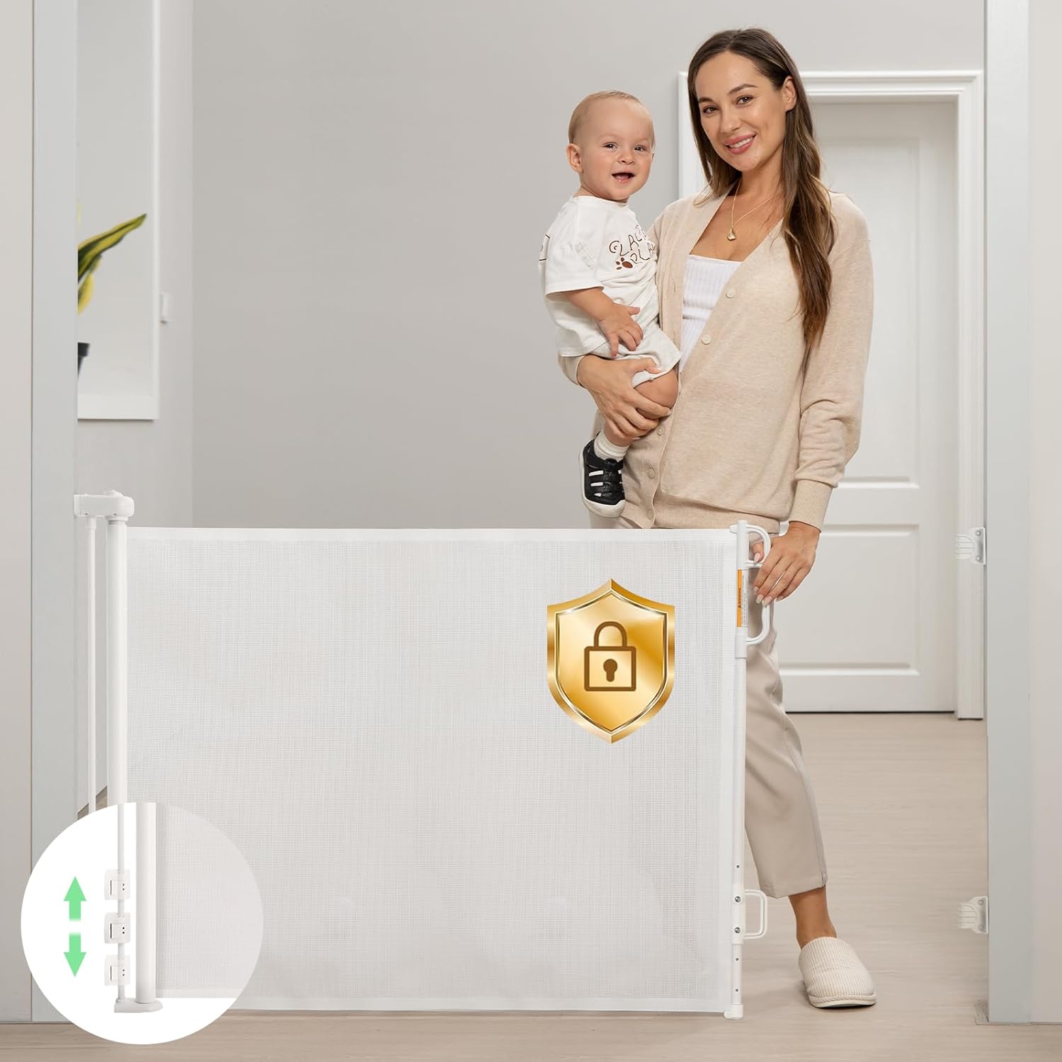 Detalle de Momcozy Retractable Mesh Baby Gate – 33" tall, extends up to 55" wide for doorways, stairs, and hallways