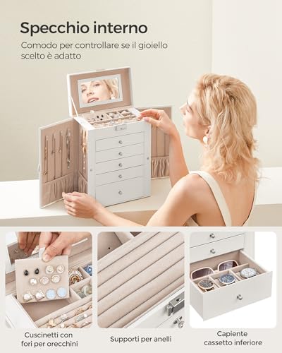 Detalle de SONGMICS Scatola Portagioie a 6 livelli con specchio interno e serratura – JBC152W01