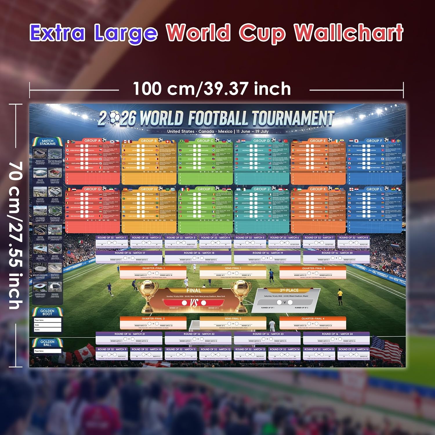 Detalle 2 de AhfuLife Extra Large World Cup Wall Chart 2026 (100 x 70cm) – Includes 48 Teams, Group, Knockout and Final Results