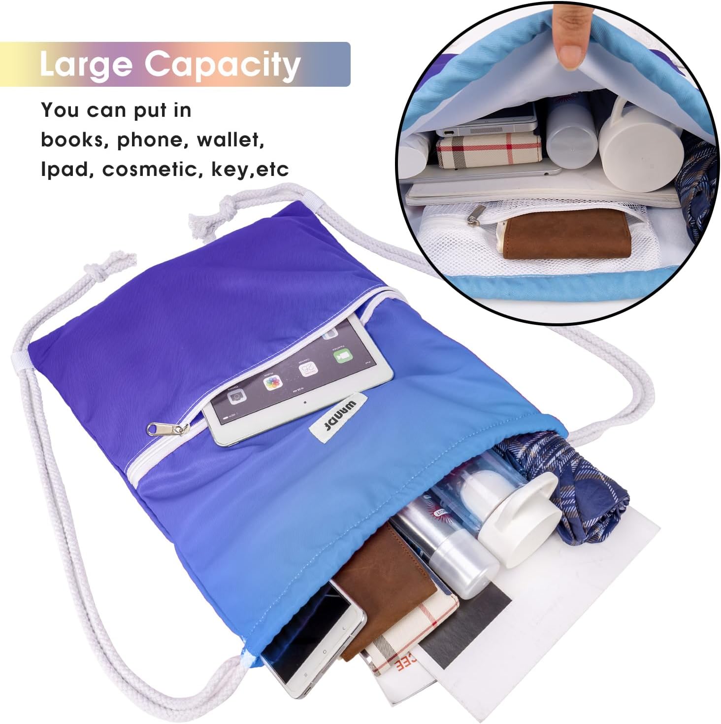 Detalle de WANDF Sac de sport pliable à dos avec poche extérieure et cordon réglable
