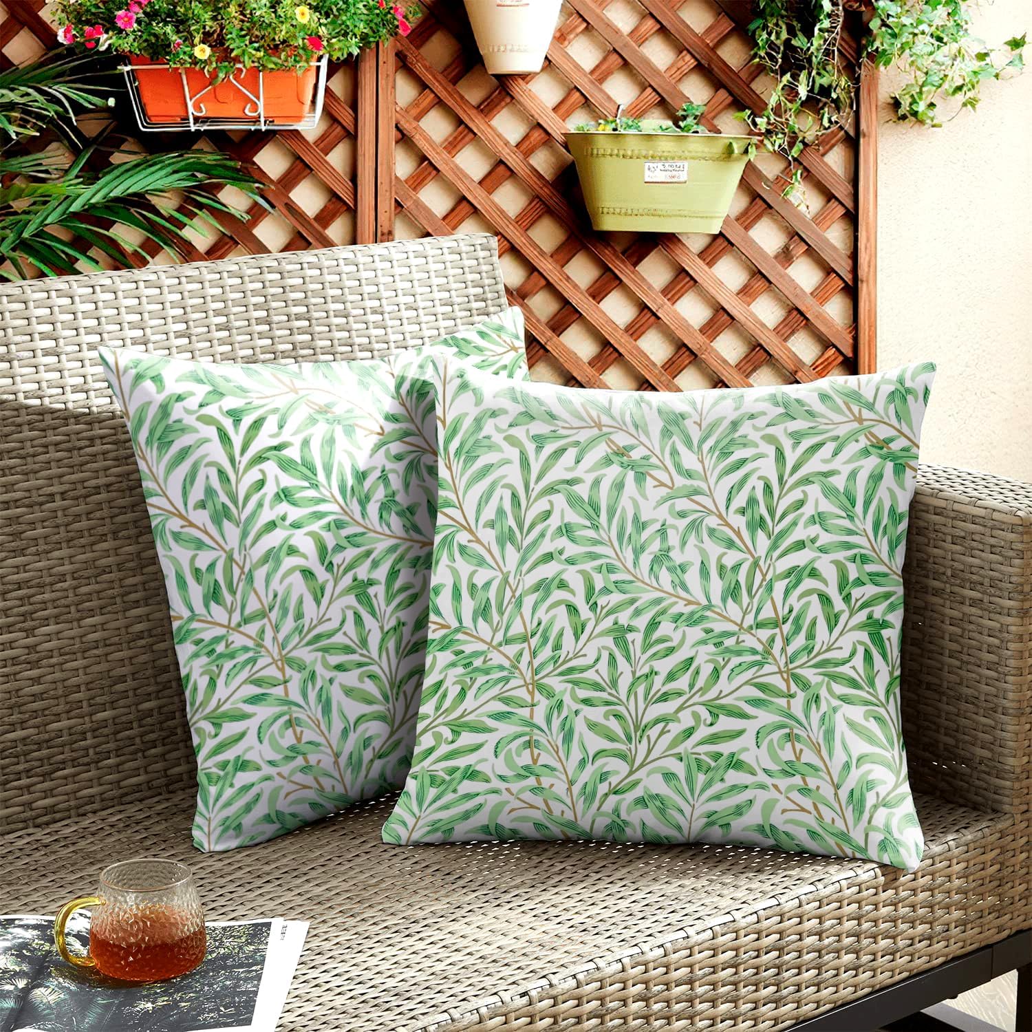 Detalle de HUASHUZI Outdoor Cushion Covers Green Leaf 50x50cm Set of 2 – Double-Sided Garden Decor for Benches and Sofas