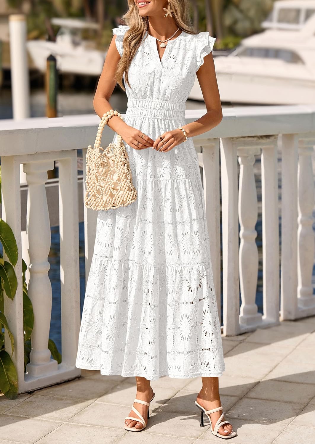 Thumbnail 6 de PRETTYGARDEN Women's Boho Maxi Dress – Floral Lace Eyelet V-Neck (2026 Summer)