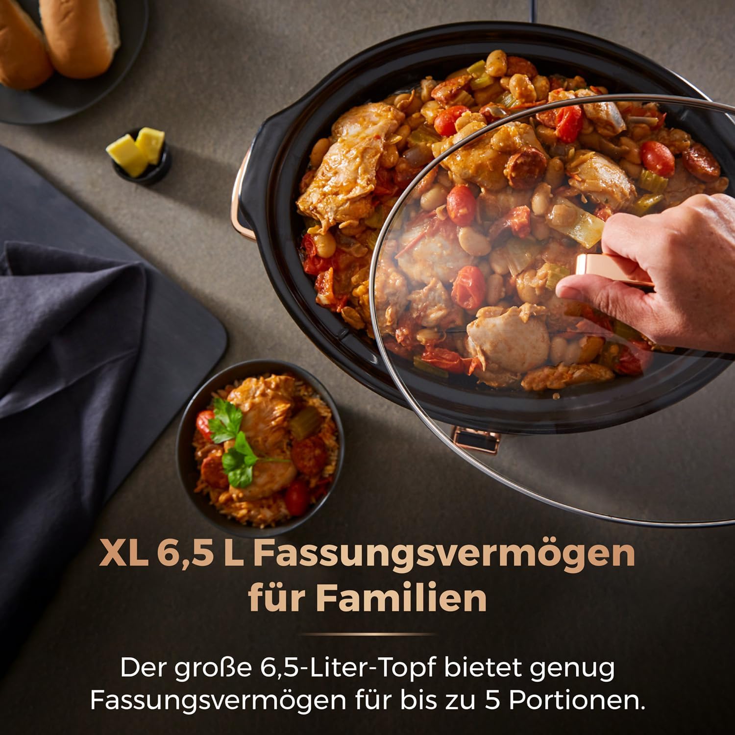 Thumbnail 2 de TOWER Infinity Tower T16019RG Schongarer mit 3 Wärmestufen und Warmhaltefunktion, 6,5 l, 270 W (Schwarz/Roségold)