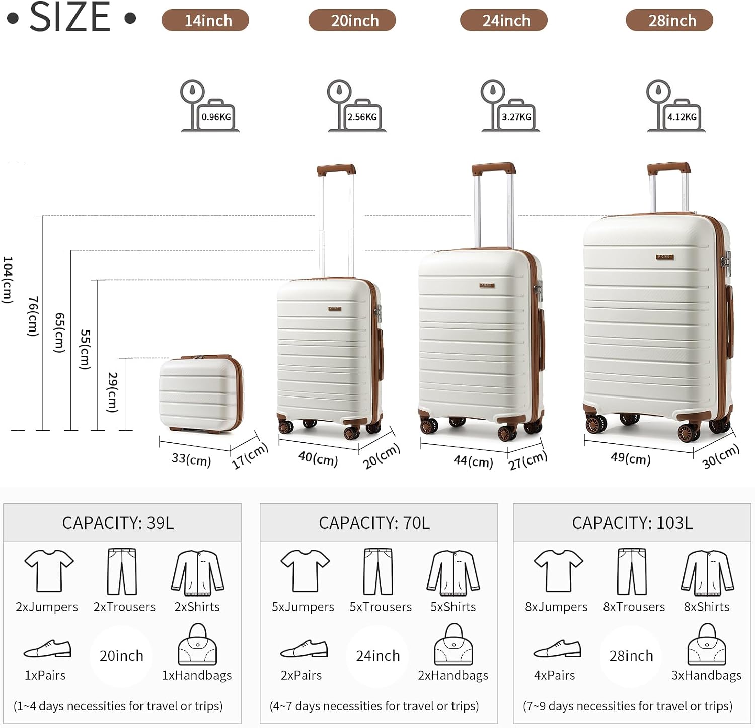 Detalle de Kono Lightweight Suitcase: Polypropylene Hard Shell Hand Luggage with TSA Lock and 4 Silent Wheels