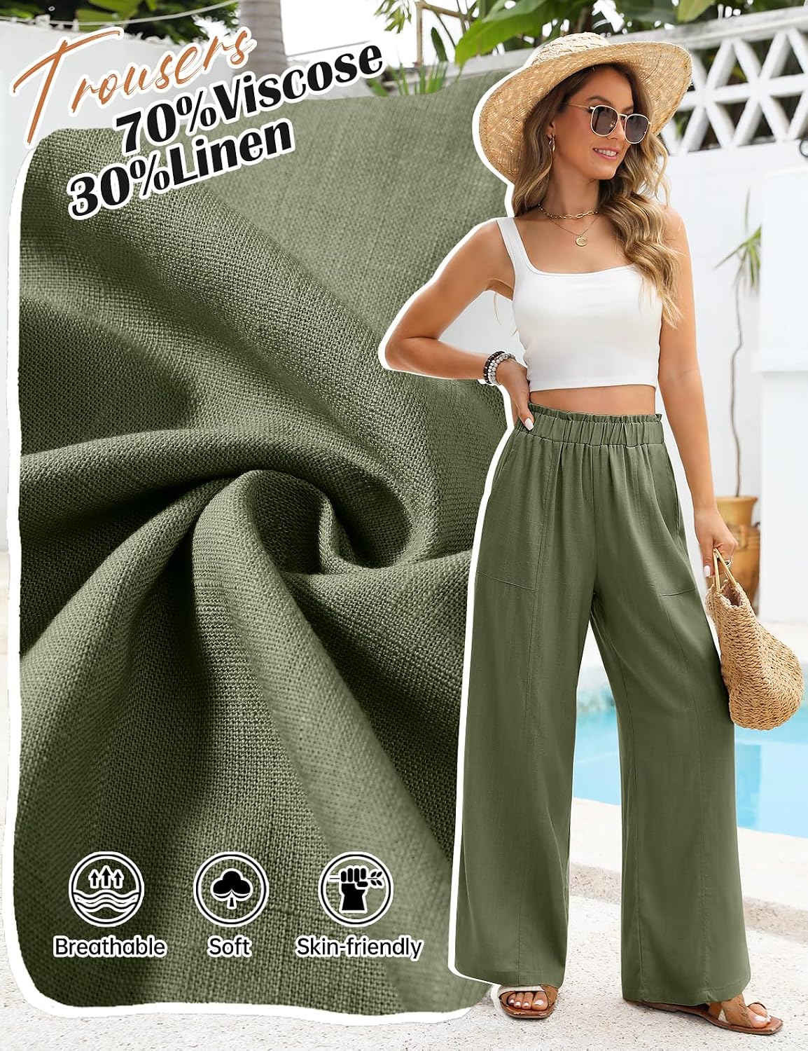 Detalle de Niwicee Pantalon fluide femme en lin et viscose, taille haute élastique, coupe droite ample avec poches (pantacourt)