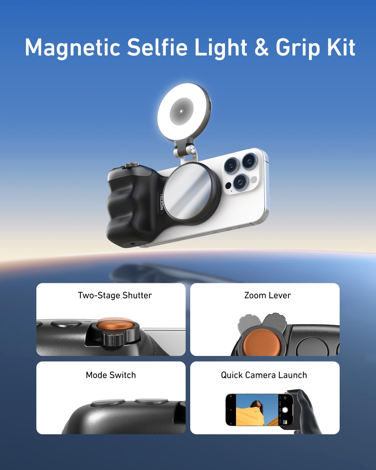 Thumbnail 6 de TELESIN Fun Shot impugnatura smartphone nera + TELESIN C03 luce magnetica per selfie nera: set per foto, TikTok e chiamate