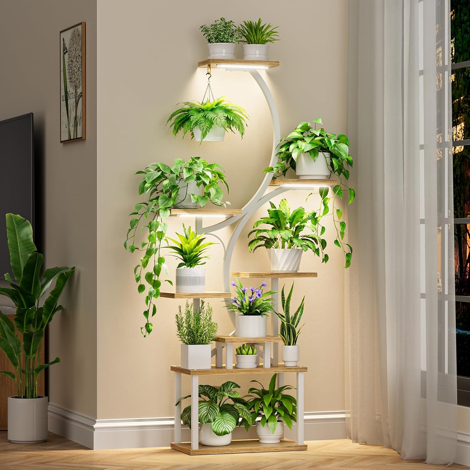 Detalle de BACEKOLL Supporto per piante a 8 livelli con luci di crescita: scaffale alto 157,5 cm per interno, forma a S