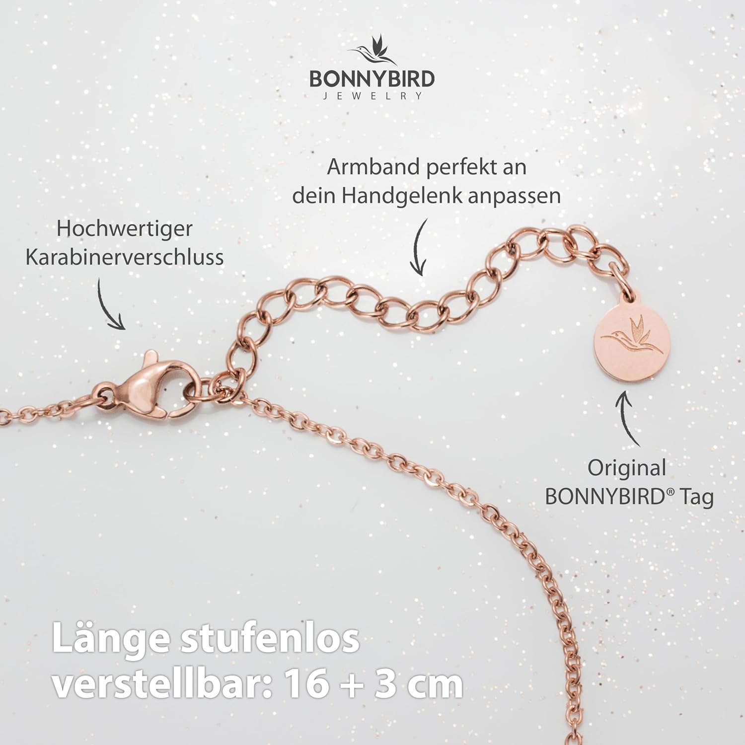 Detalle de BONNYBIRD BonnyBliss Kleeblatt Edelstahl Armband als Glücksbringer zur Prüfung – verstellbar 16–19 cm