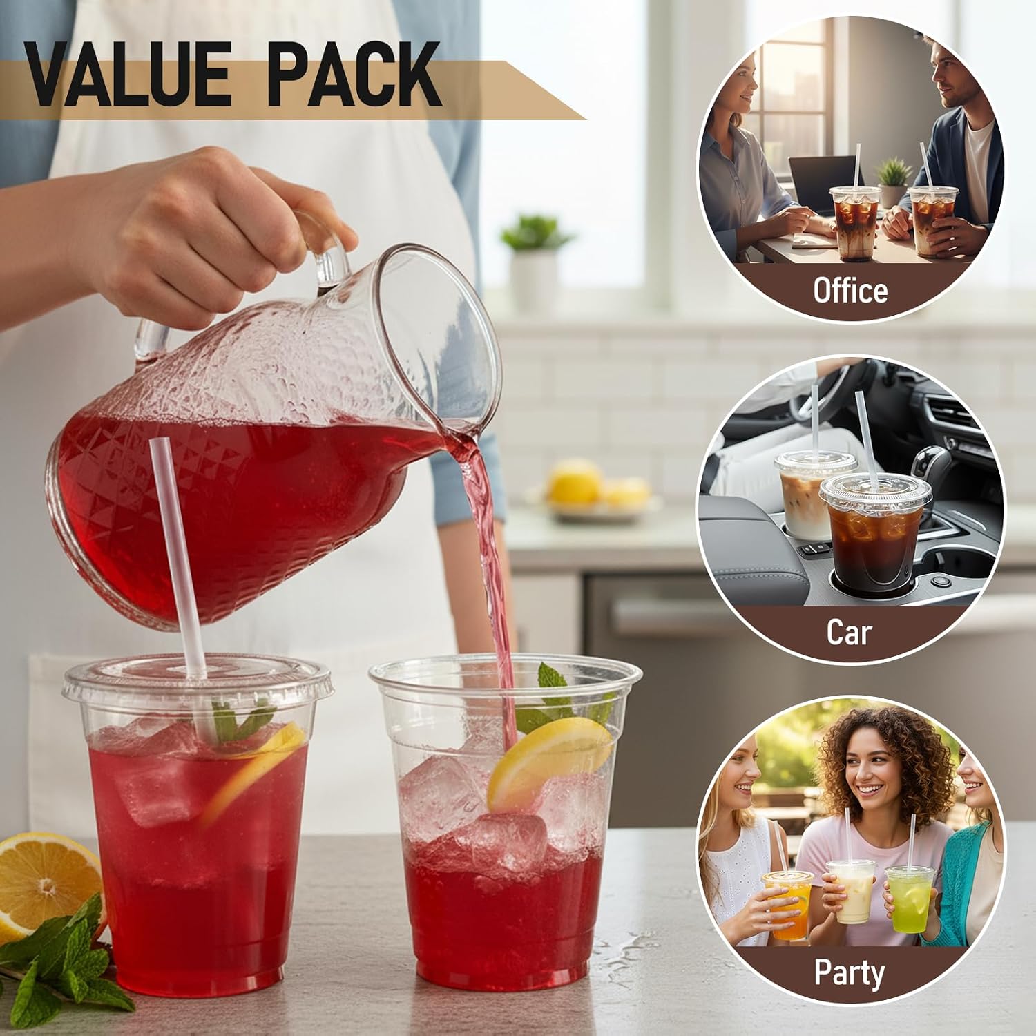Detalle 2 de HEYRSUN 12 oz Clear Plastic Cups with Flat Lids and Straws, 100 Sets