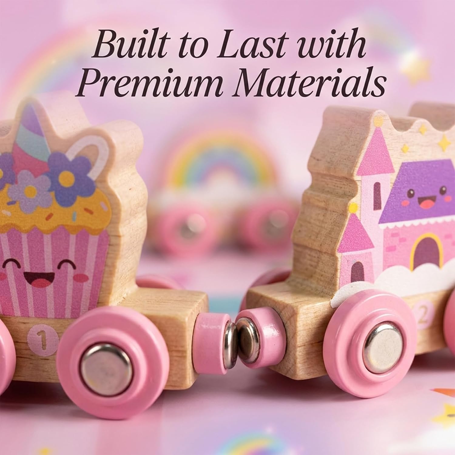 Thumbnail 2 de Unicorn Magnetic Wooden Train Set for 1–4 Year Old Girls with Castle Play Mat (Pink)