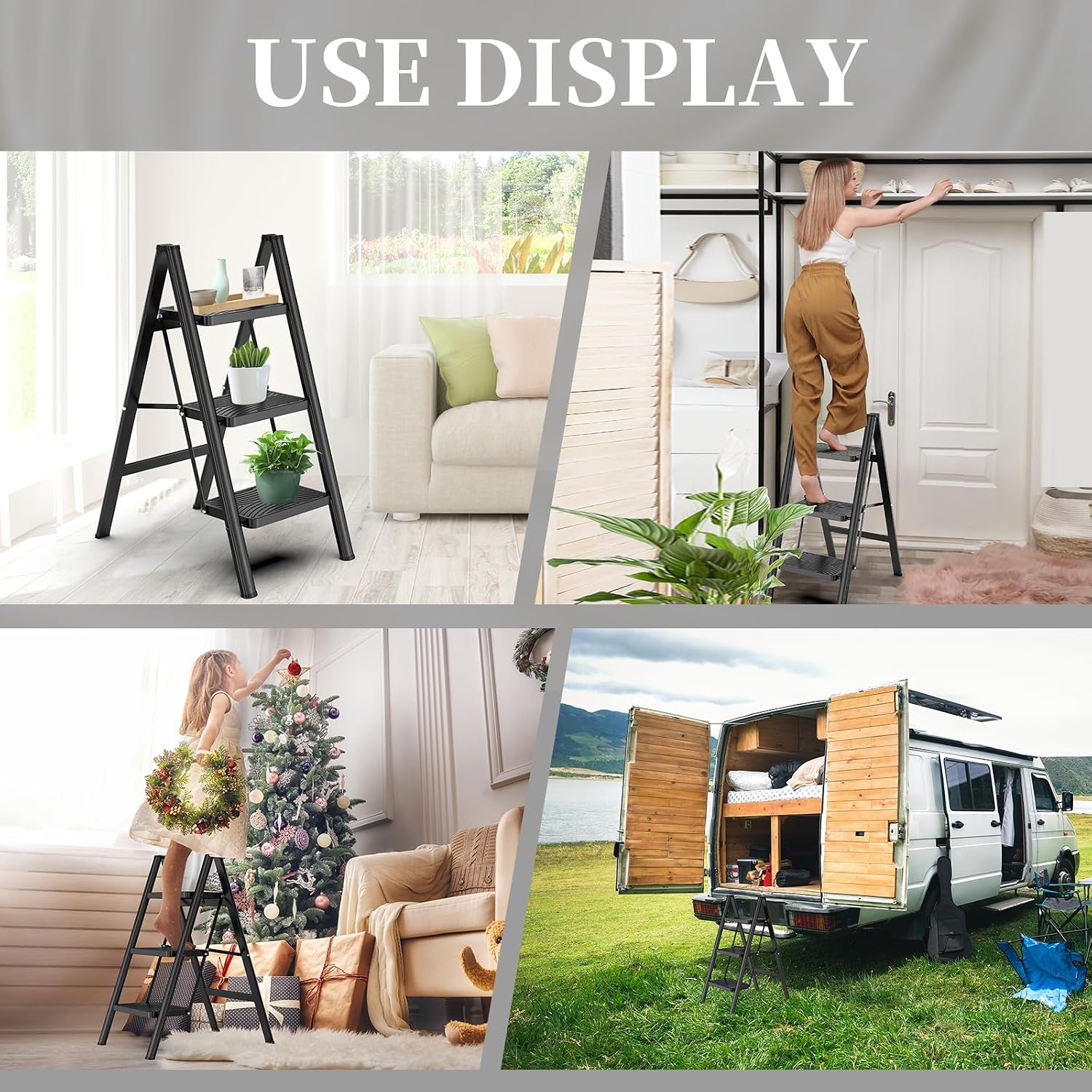 Detalle 2 de HBTower USAZFJHR-ZL15031501 3-Step Folding Step Ladder, Anti-Slip Pedals, Black