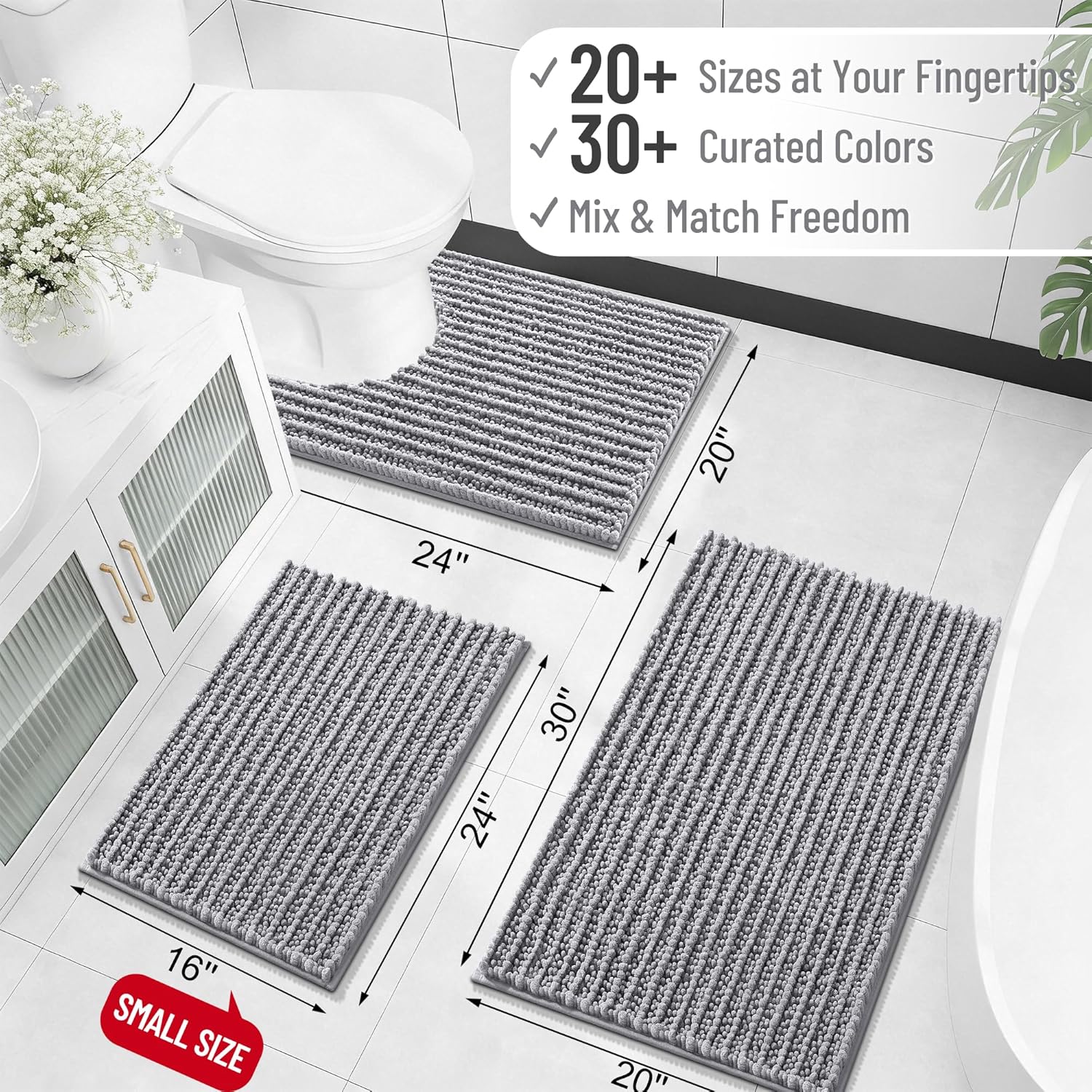 Thumbnail 1 de OLANLY 30x20 Thick Chenille Bathroom Rug Mat in Grey