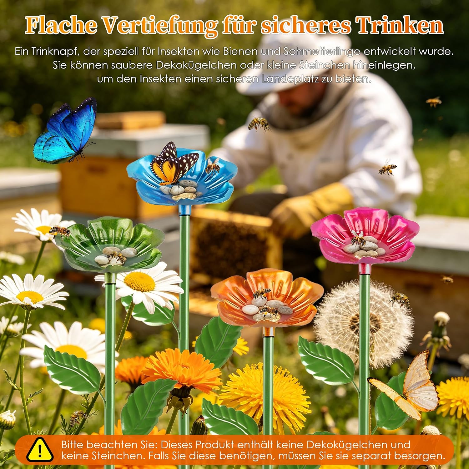 Detalle de Bienentränke für den Garten – 4er-Set Metall‑Insektentränke in Blumenform