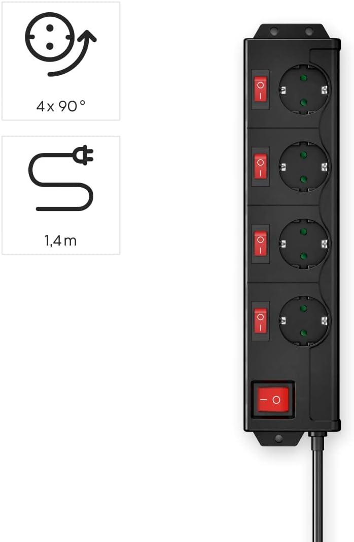 Thumbnail 1 de Hama 4-fach schaltbare Steckdosenleiste (Wandmontage, 1,4 m Kabel) schwarz – mit 90° gedrehten Steckdosen