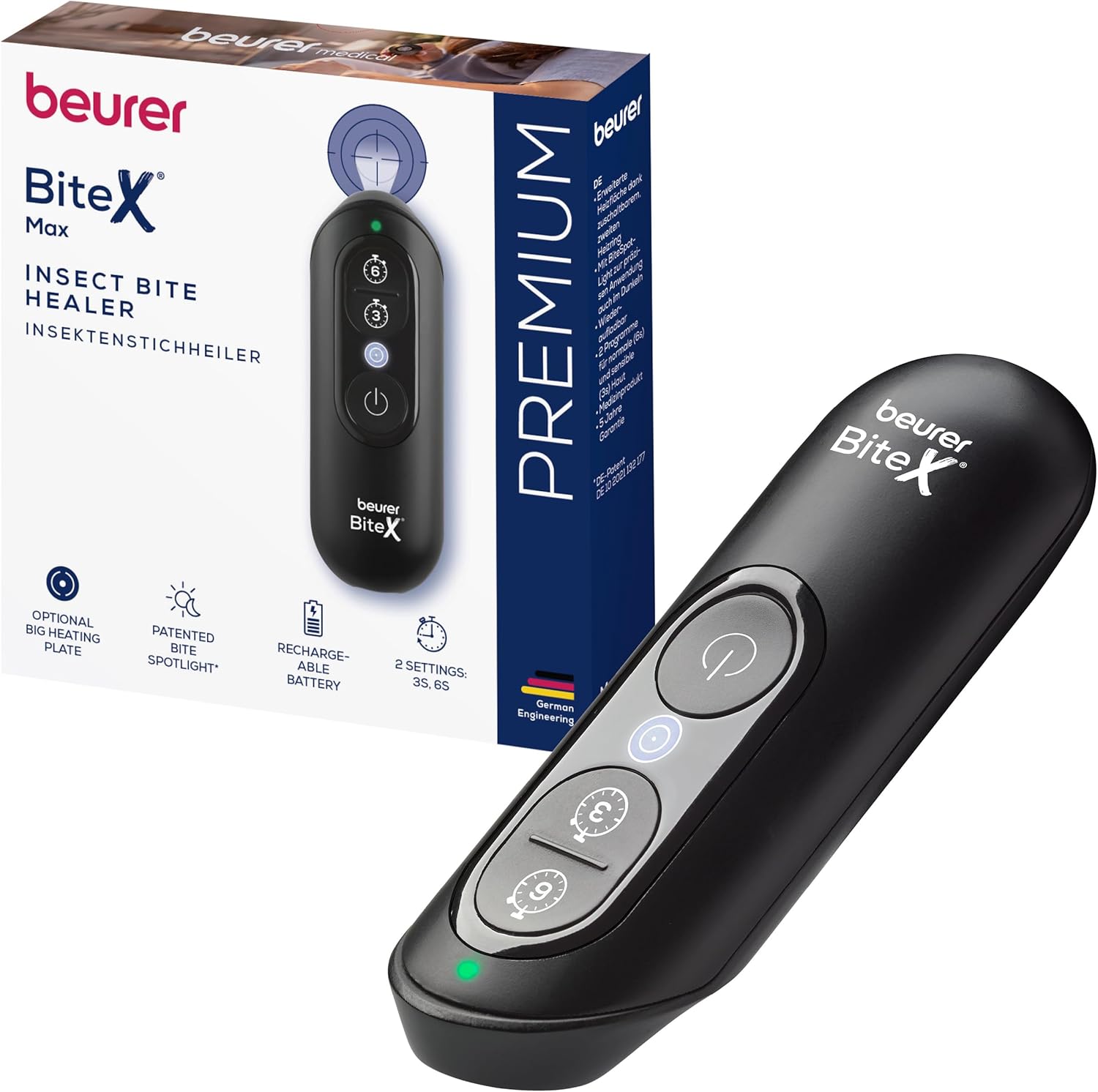 Detalle de Beurer BiteX Max Deep Black — Stylo chauffant anti-moustique avec grande surface de chauffe et lumière