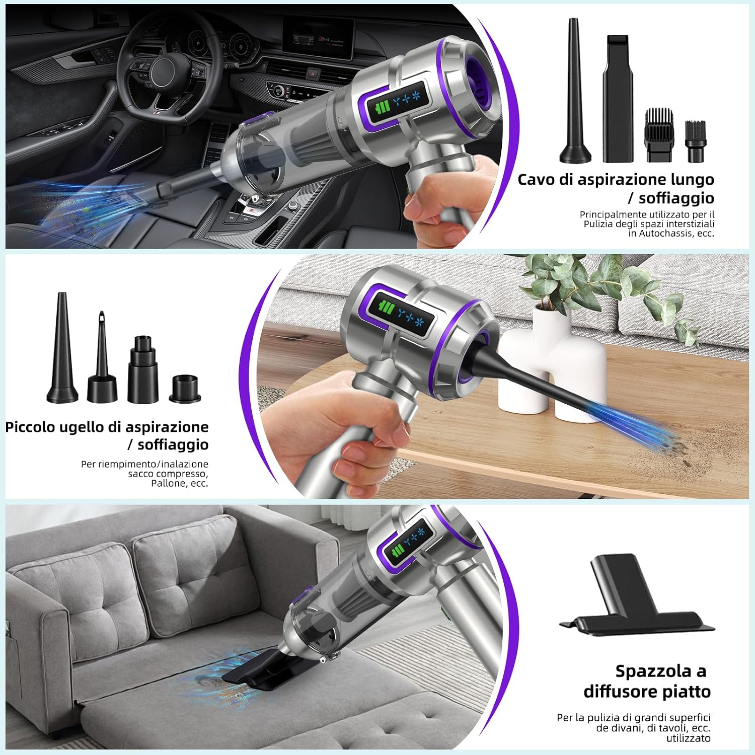 Detalle de Aspirabriciole Senza Fili 25000Pa 4-in-1 con schermo, one-touch dust dump e motor brushless Argento