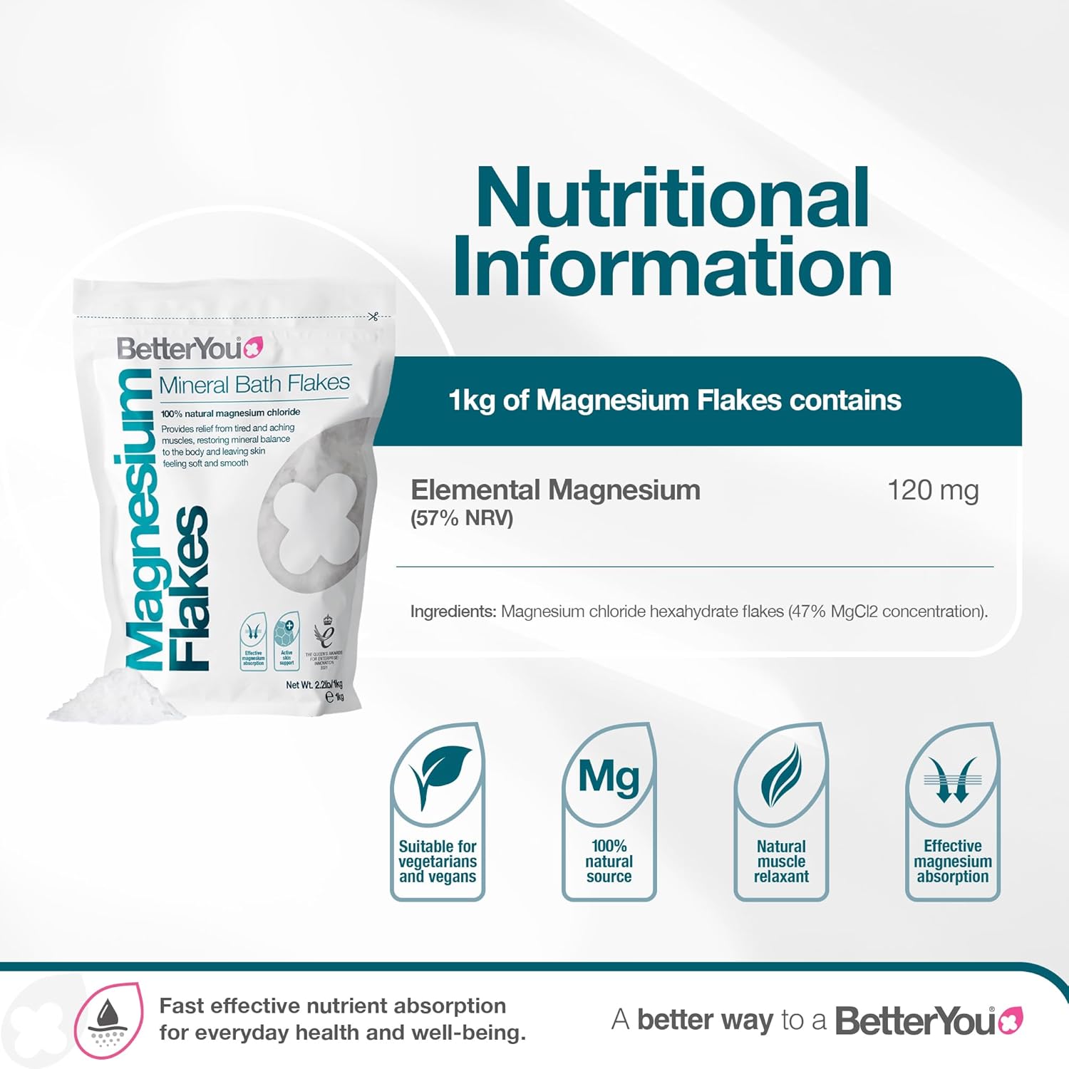 Detalle de BetterYou Cristaux de bain au magnésium — 1 kg, Zechstein, sans huile de palme, vegan