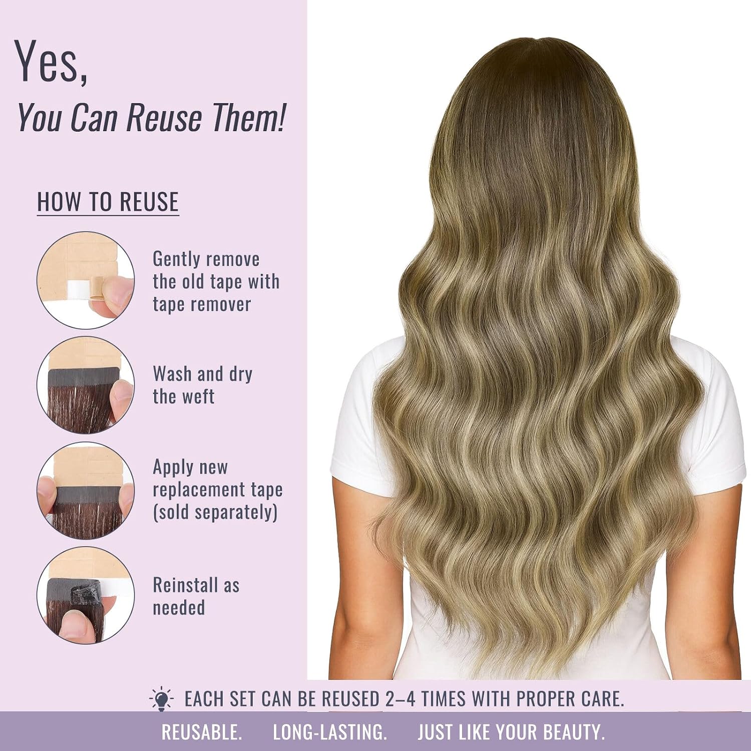 Thumbnail 6 de Fshine Invisible Tape-In Extensions Echthaar 50 cm | 20 Stücke, Wärmebalayage, Mittelbraun bis Platinblond