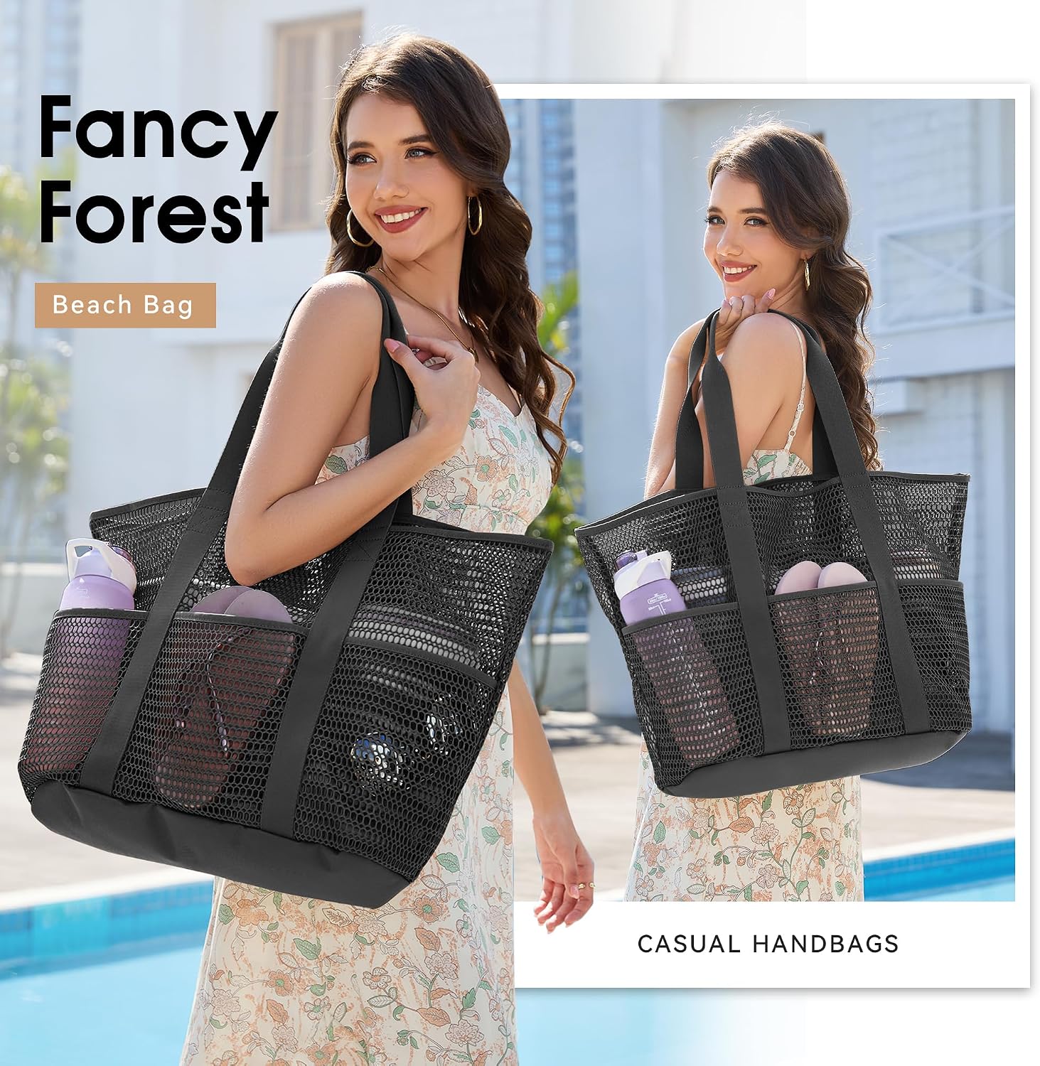 Thumbnail 4 de KALIDI Fancy Forest Foldable Mesh Beach Bag (30L) with Zip Pocket & Multiple Compartments