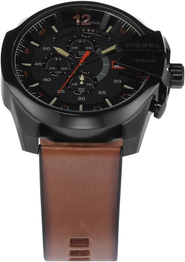 Thumbnail 3 de Diesel Mega Chief Series – Montre homme chrono, boîtier 51 mm, cadran noir et bracelet cuir marron