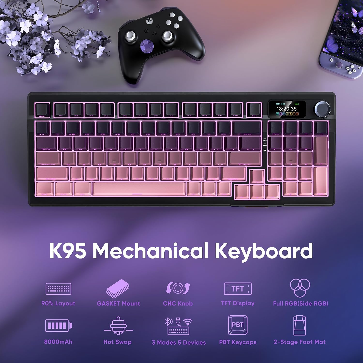 Detalle de RedThunder K95 Wireless Mechanical Keyboard with TFT Screen, Gasket Build, and Hot-Swap Pink Switches