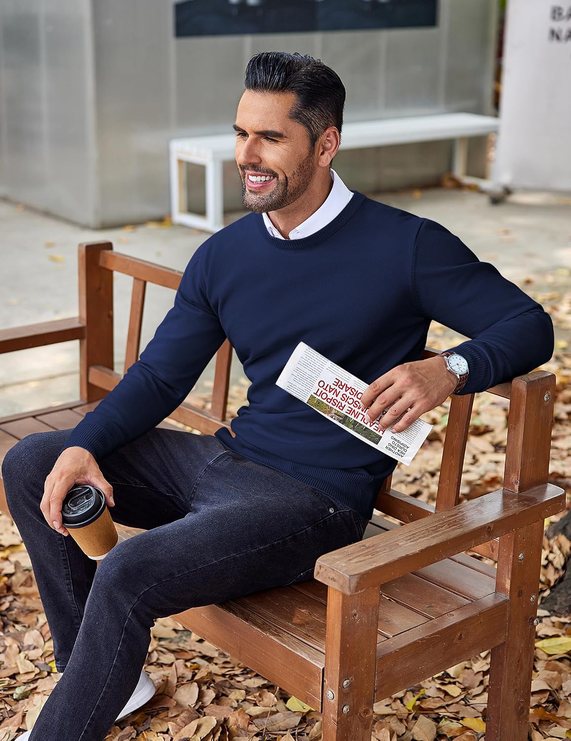 Detalle 1 de COOFANDY Men's Slim-Fit Crew-Neck Knit Sweater, Lightweight Pullover