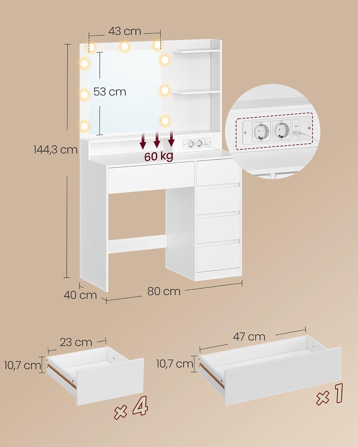 Detalle 2 de VASAGLE KAILYN RDT241WB01 – toaletka z lustrem LED, gniazdkiem i 9 szufladami