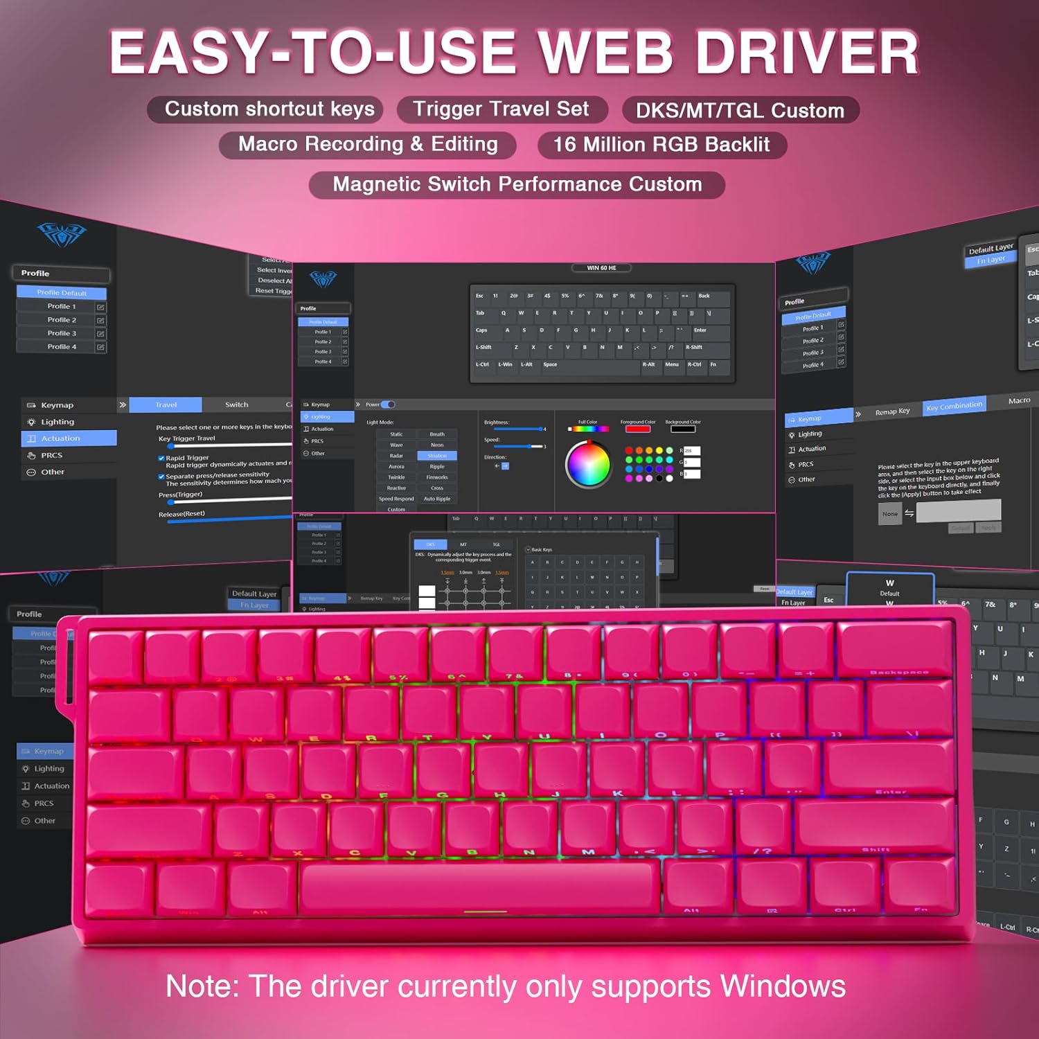 Detalle de AULA WIN60 HE Pro Wired 60% Mechanical Gaming Keyboard (Rose) with Hall Effect Switches