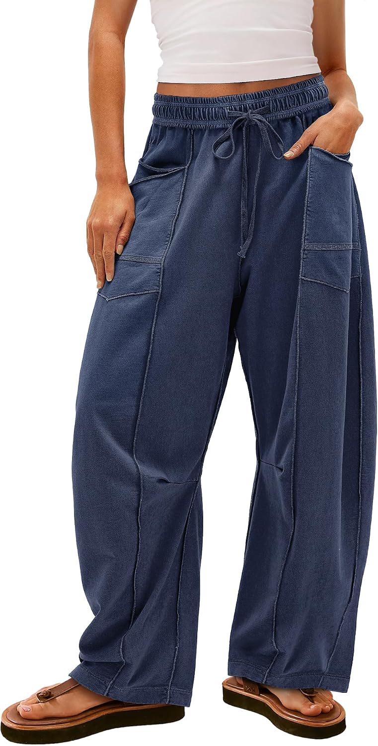 Detalle de Yanekop Women's Baggy Wide-Leg Palazzo Pants with Elastic Waist and Pockets