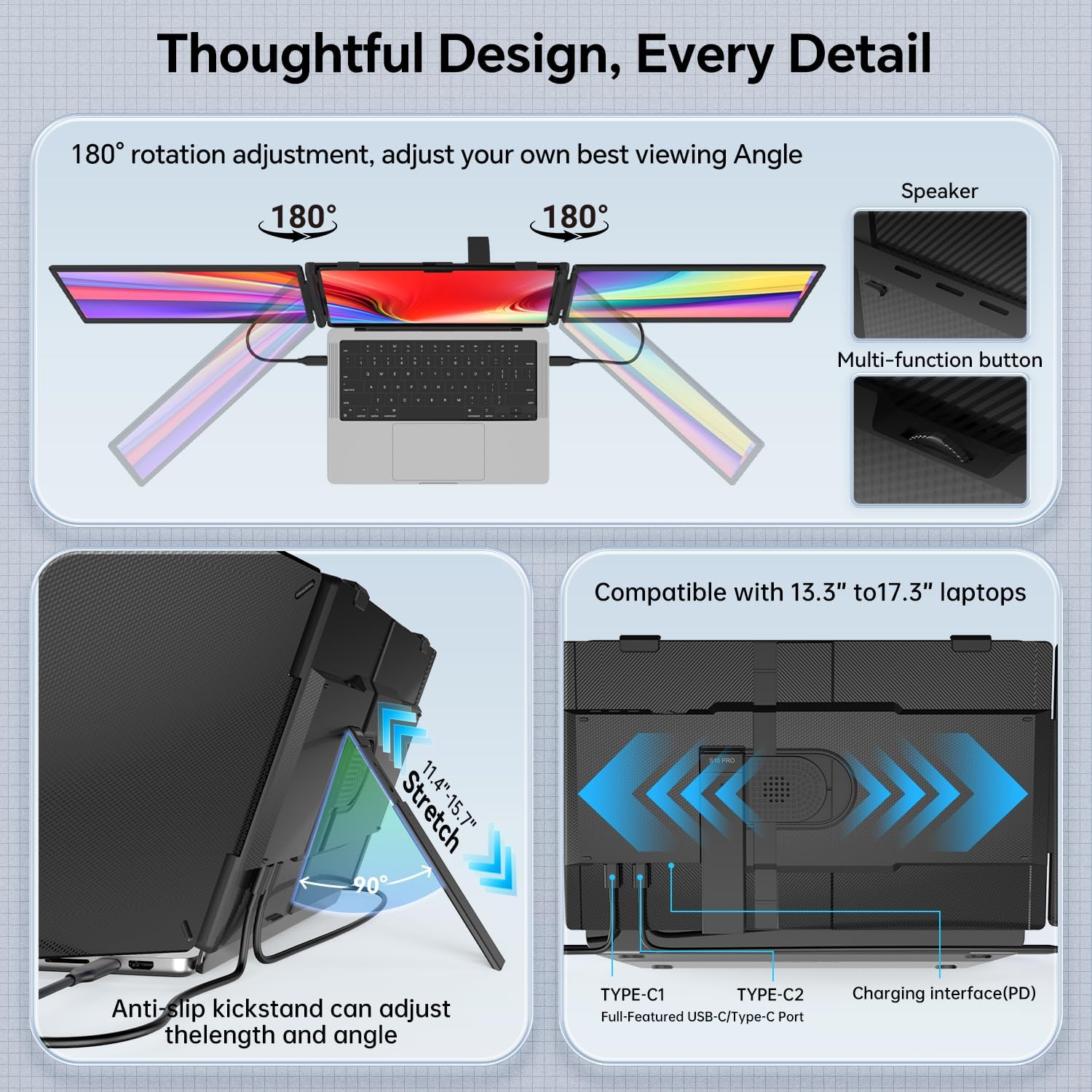 Detalle de FEZOBR Laptop Screen Extender 14" Ultrathin Triple Monitor – 1080P FHD IPS, Plug & Play