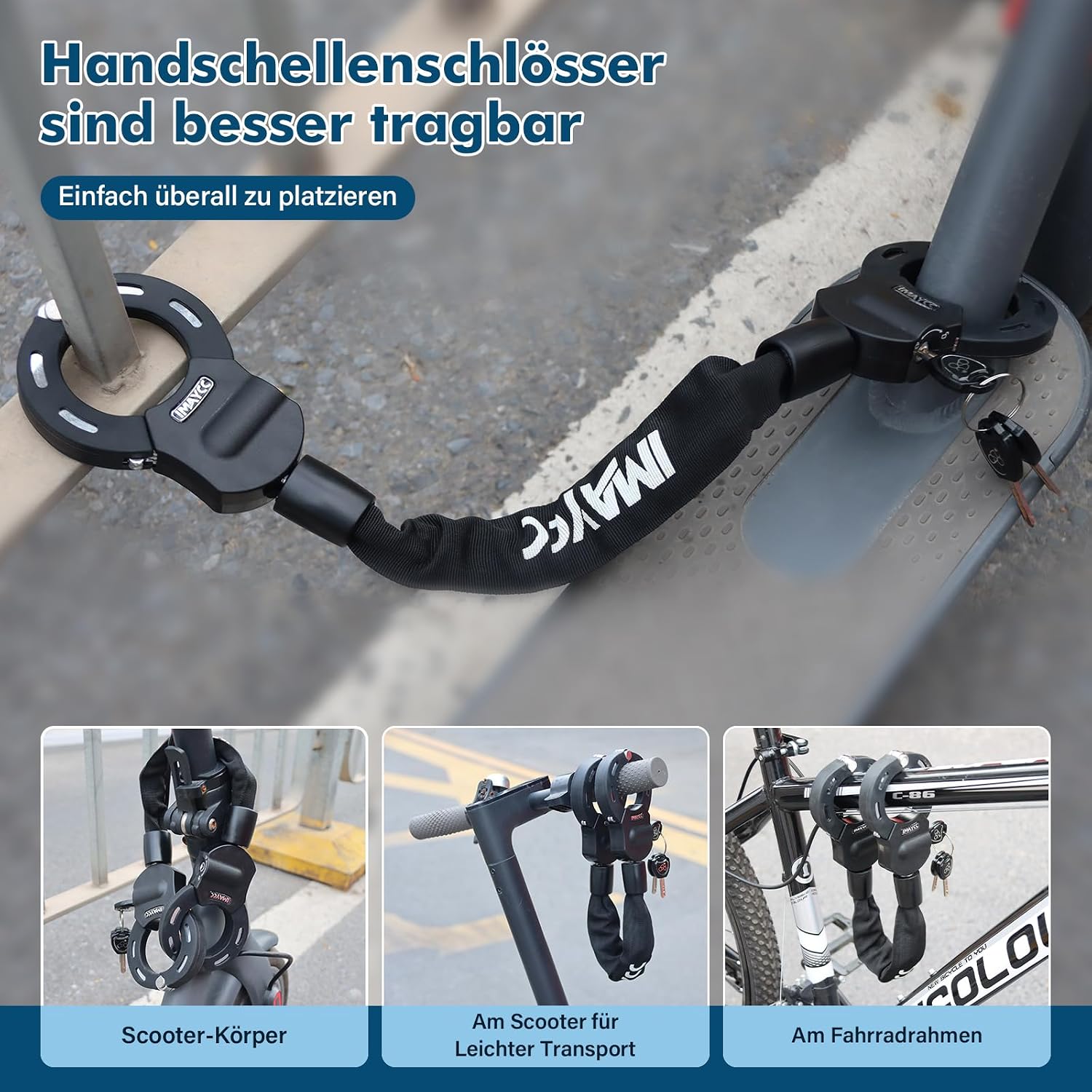 Thumbnail 1 de IMAYCC Neue E Scooter Schloss 8MM – Handschellenschloss mit Schlüssel, robustes Fahrzeugsicherheitsschloss