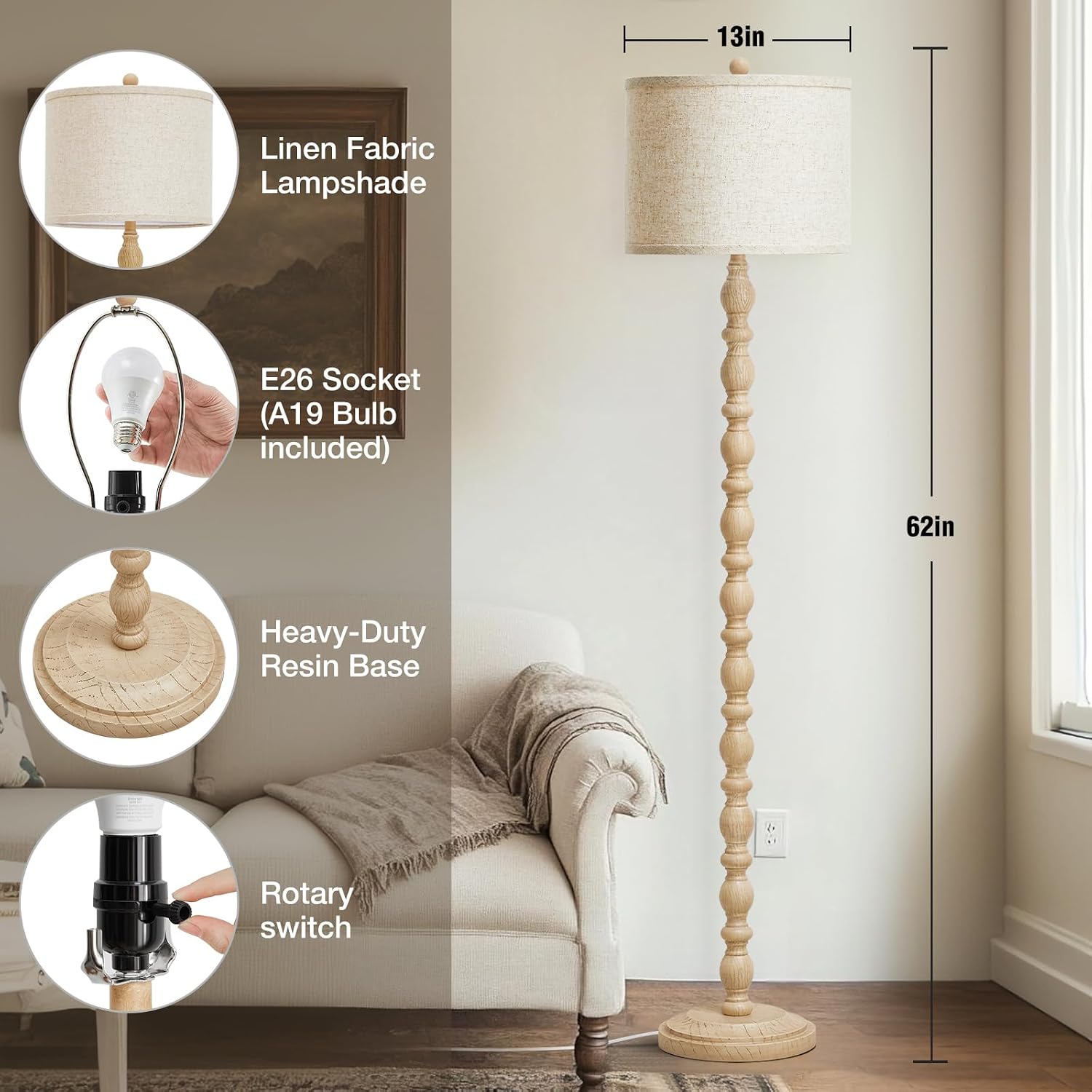 Thumbnail 1 de Luvkczc F00218 Rustic Floor Lamp, 3 Colour Temperatures, Linen Shade