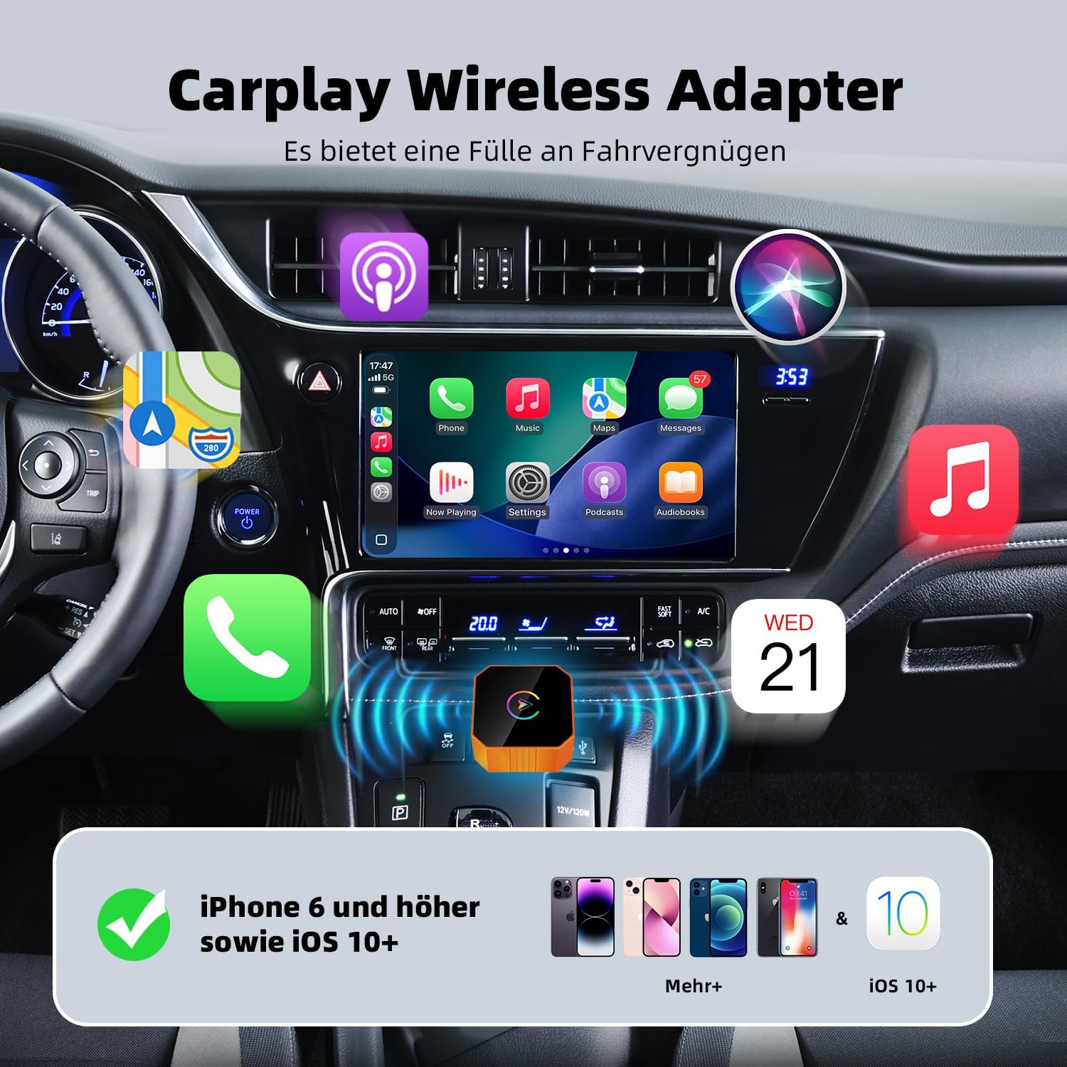Detalle de MYCIMRE Wireless CarPlay Adapter für iPhone – 2026 Upgrade, Plug & Play, USB-C, stabile CarPlay Wireless